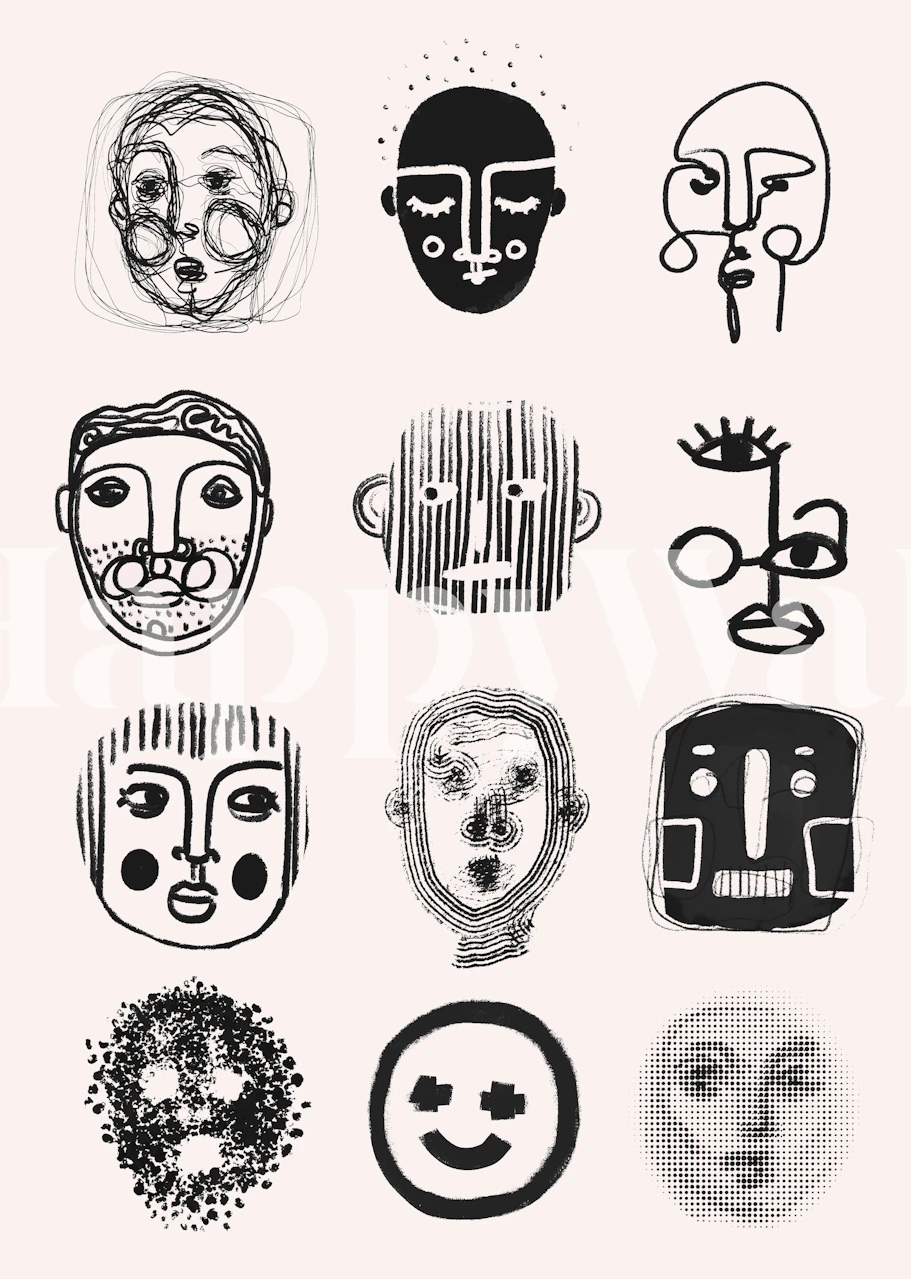 Abstract face wallpaper design in a room