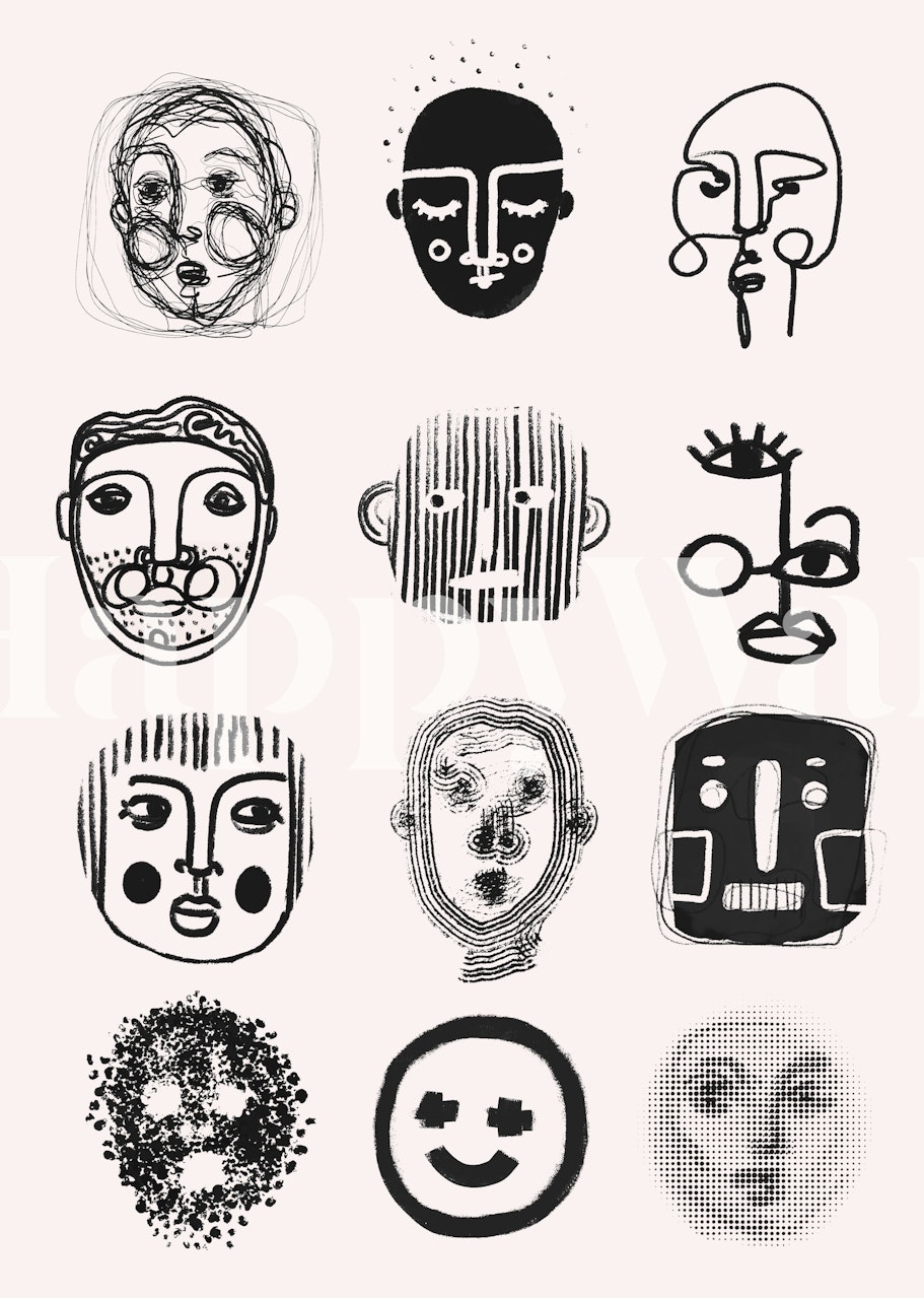 Abstract face wallpaper design in a room