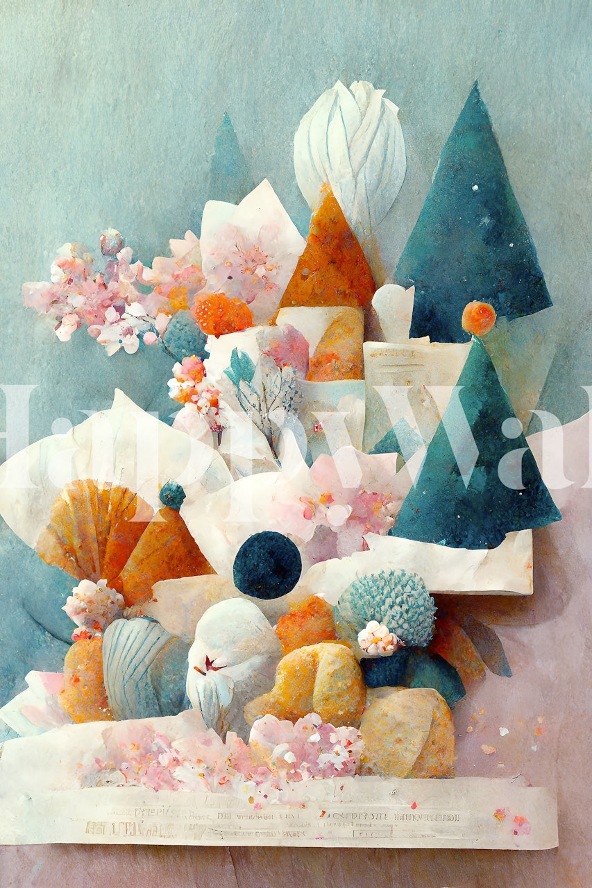 Whimsical village landscape with pastel colors and mountain shapes wallpaper