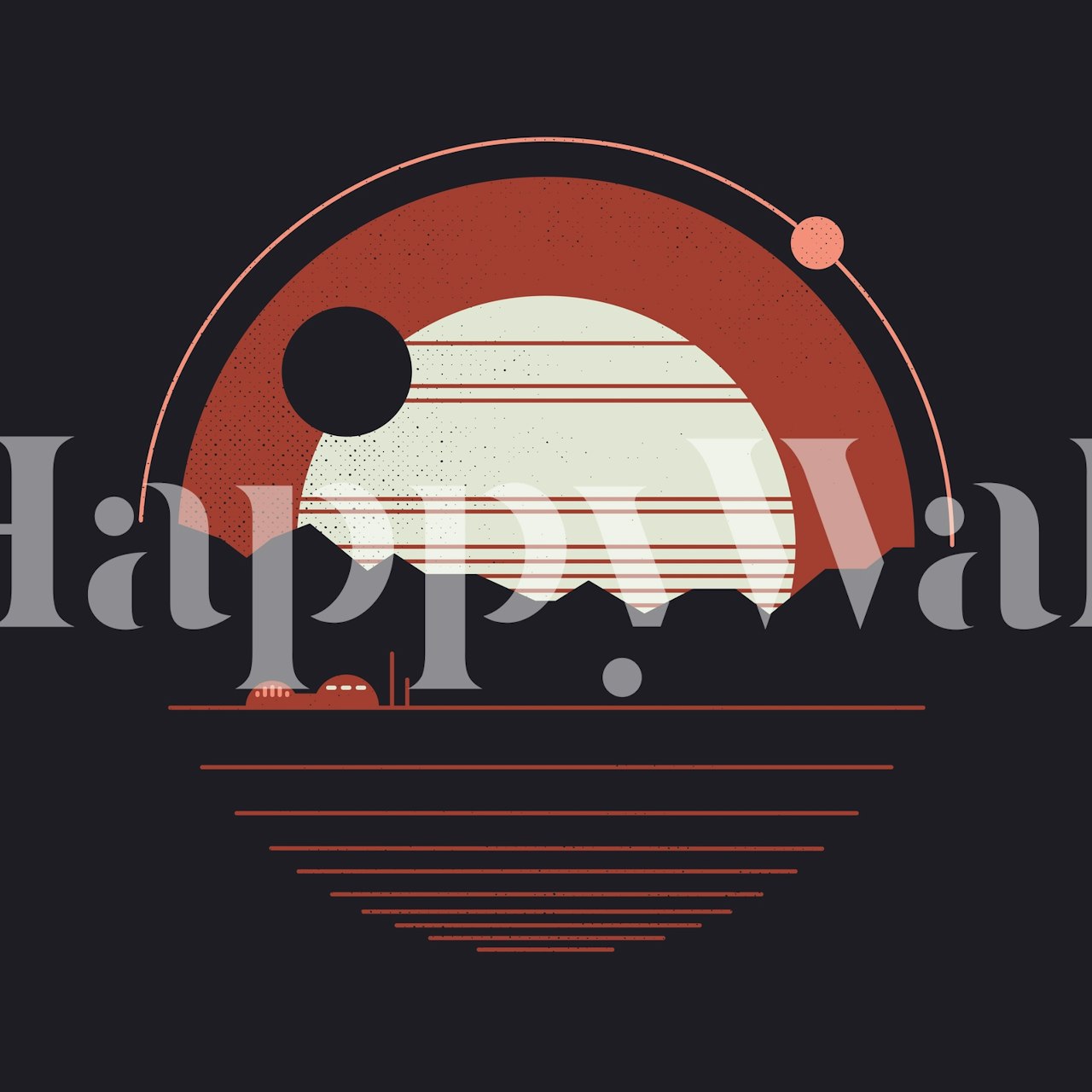 Mural artístico con temática espacial que representa un paisaje sereno bajo un cielo cósmico con planetas brillantes