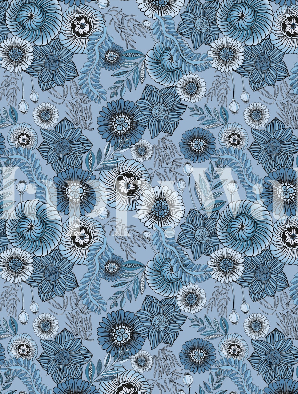 Plavo ćudljivo cvijeće zidna slika sa složenim cvjetnim uzorcima u plavim nijansama.