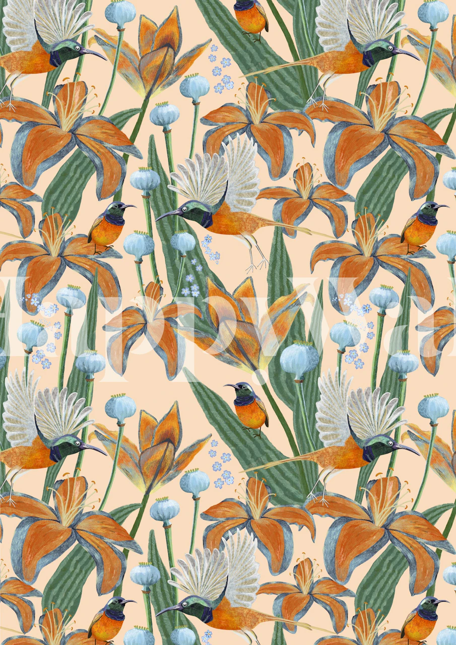 A wall mural with bee-eater birds and sunflowers in a botanical illustration style