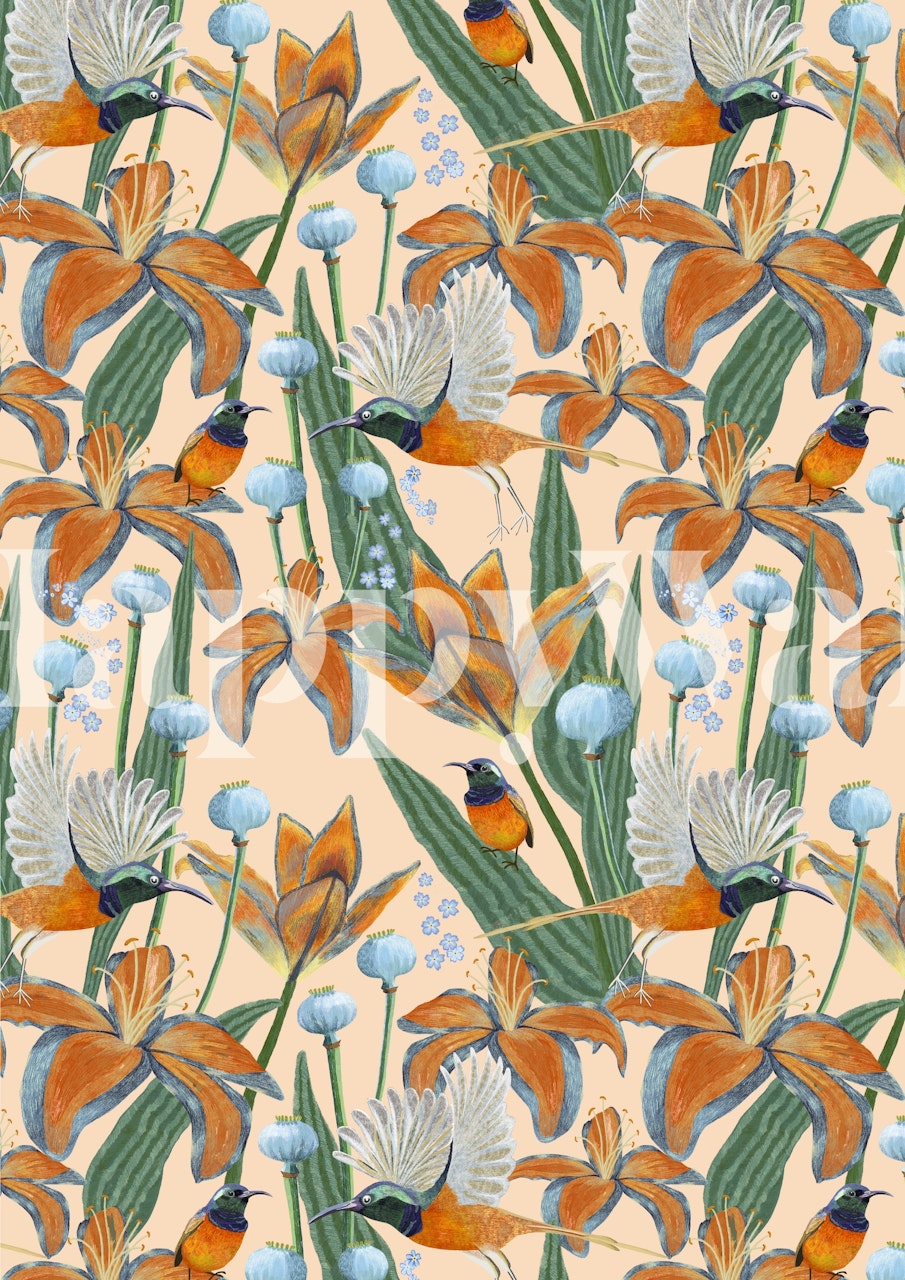 A wall mural with bee-eater birds and sunflowers in a botanical illustration style