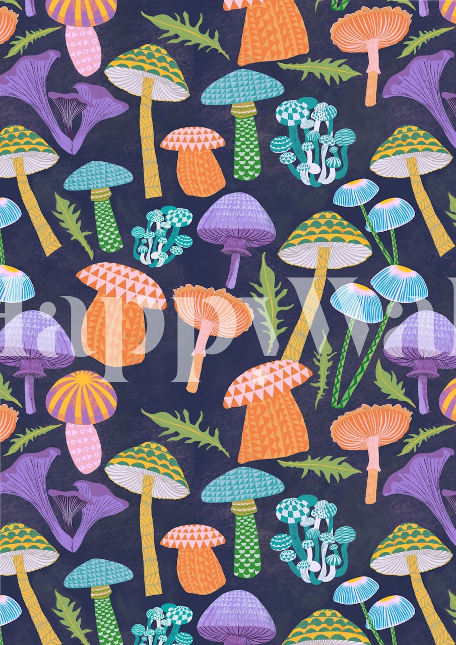Colorful mushrooms in various styles and colors wallpaper