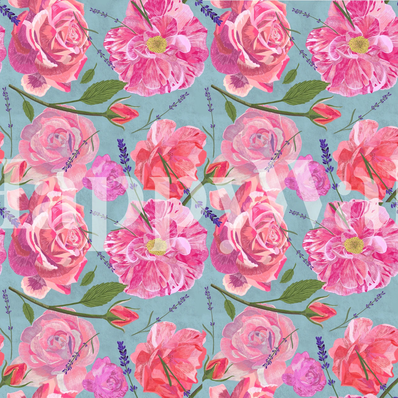 Wild roses wallpaper design on teal background