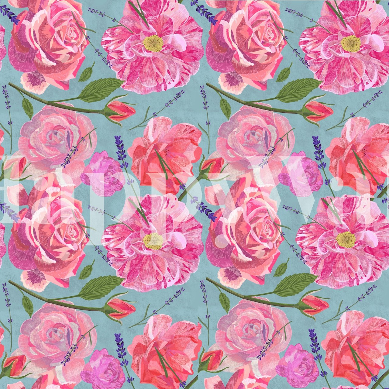 Wild roses wallpaper design on teal background