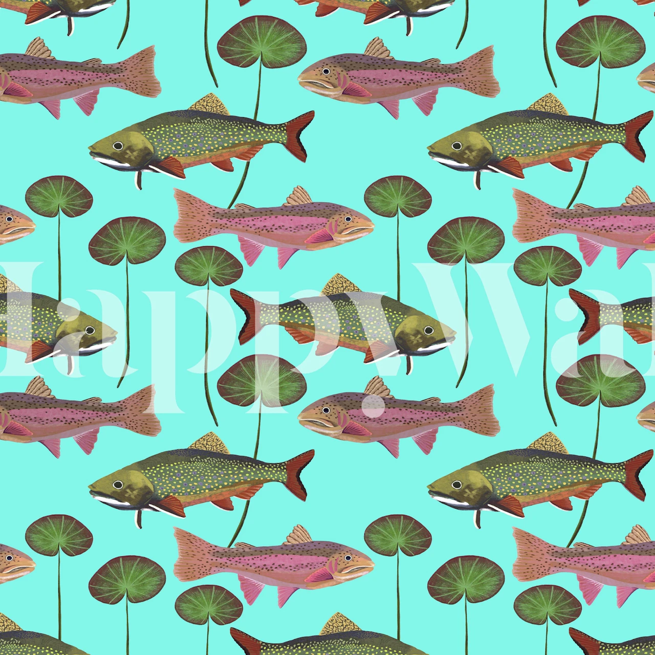 Trout and lily pads patterned wallpaper in blue