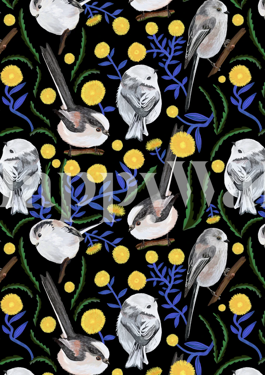 Long tailed tits and dandelions wallpaper