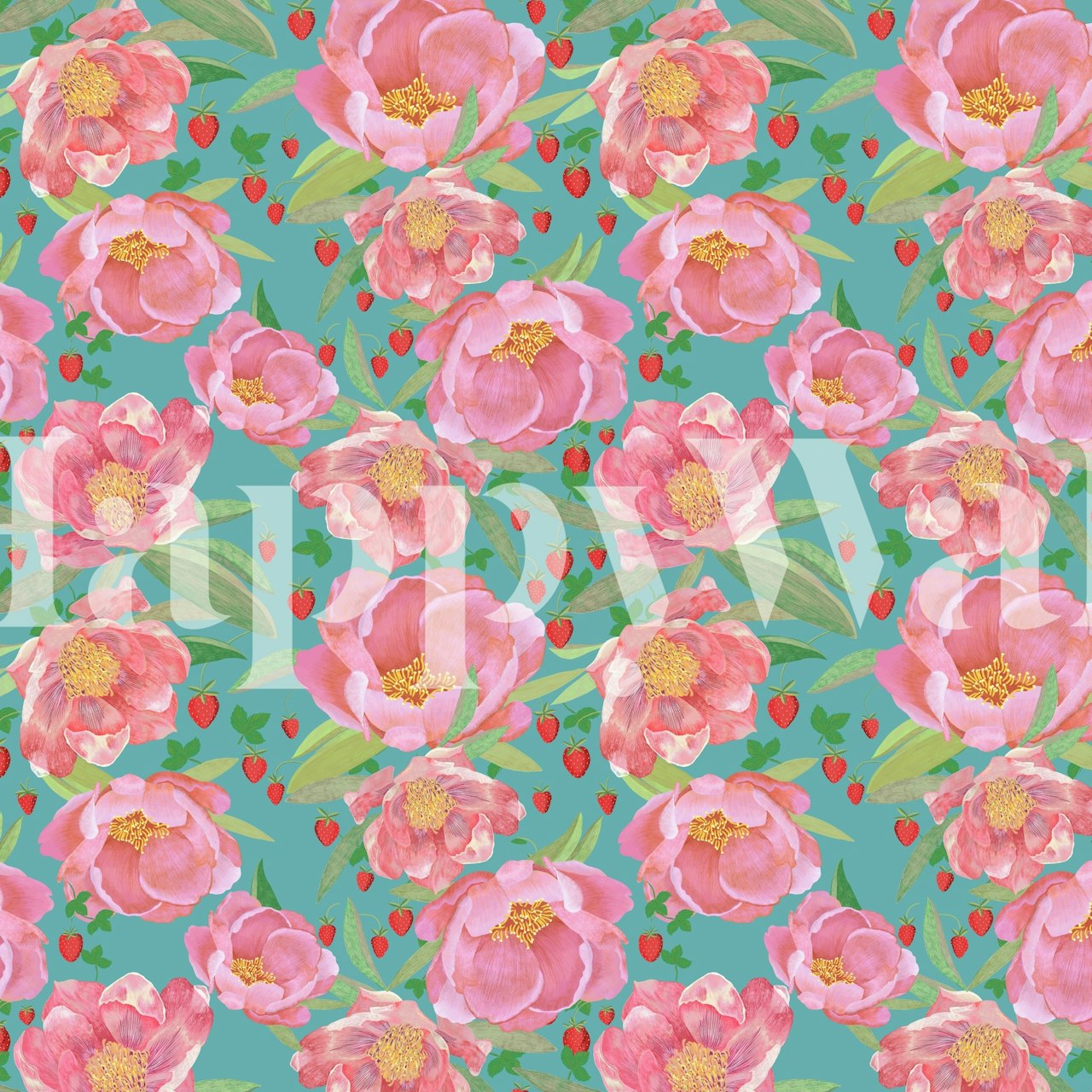 Pink peonies and red strawberries on teal background wallpaper