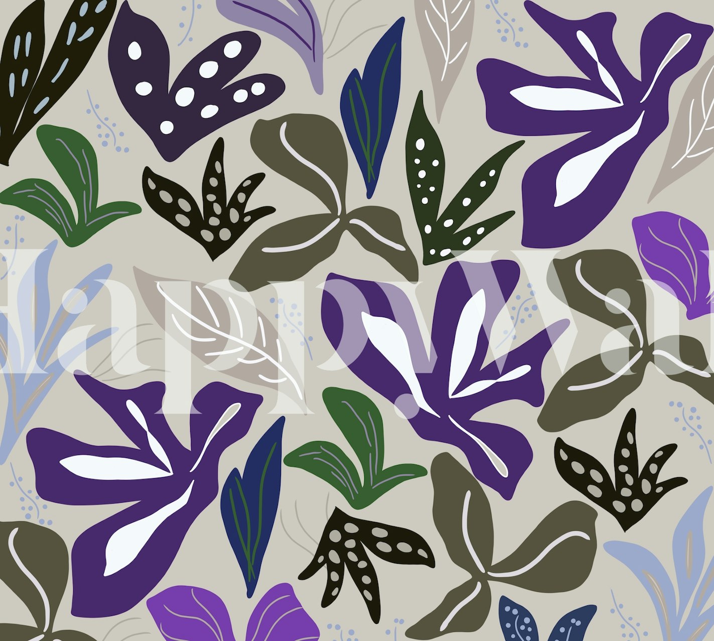 Abstract floral design with purple and green leaves wallpaper