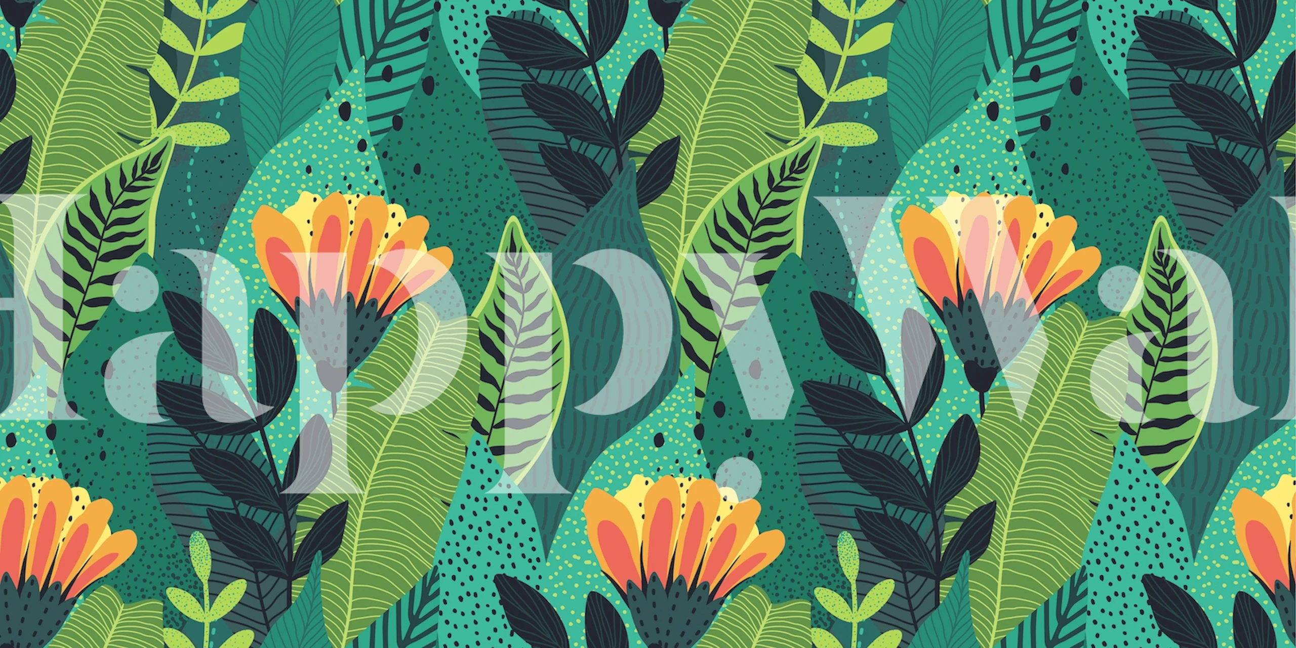Tropical floral wallpaper featuring colorful flowers and green leaves in a playful pattern