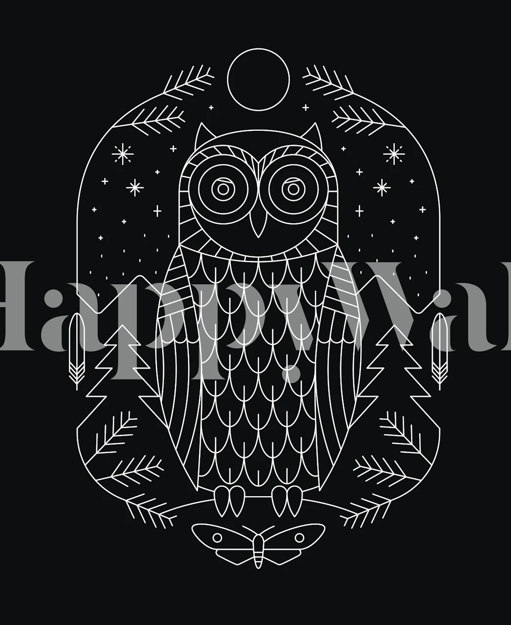 Owl illustration with stars, trees, and moon in black and white wallpaper