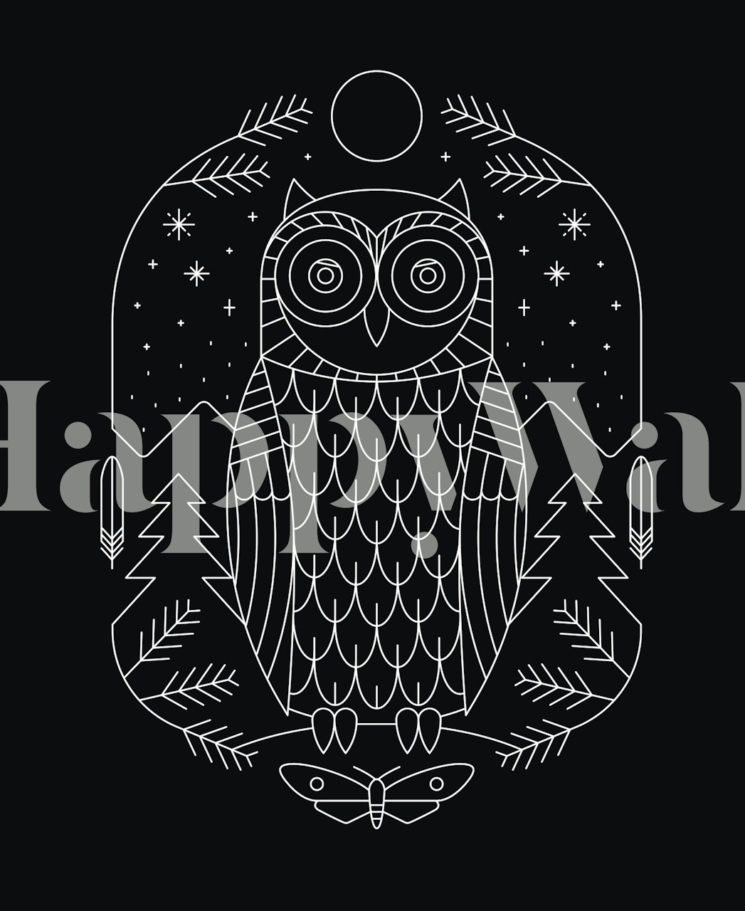 Owl illustration with stars, trees, and moon in black and white wallpaper