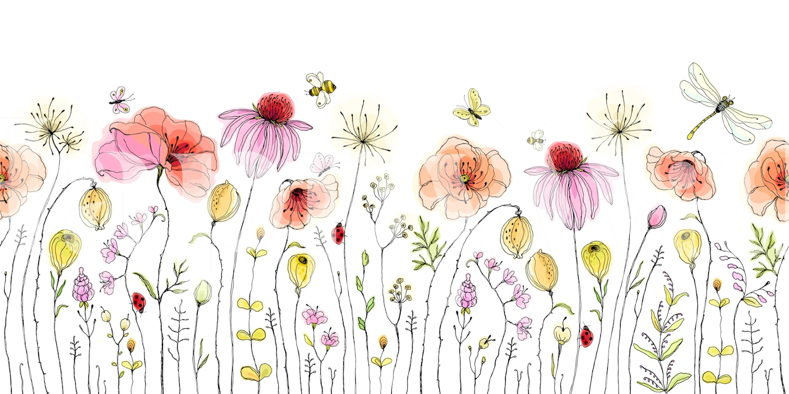 Colorful flowers with delicate illustrations on white background wallpaper