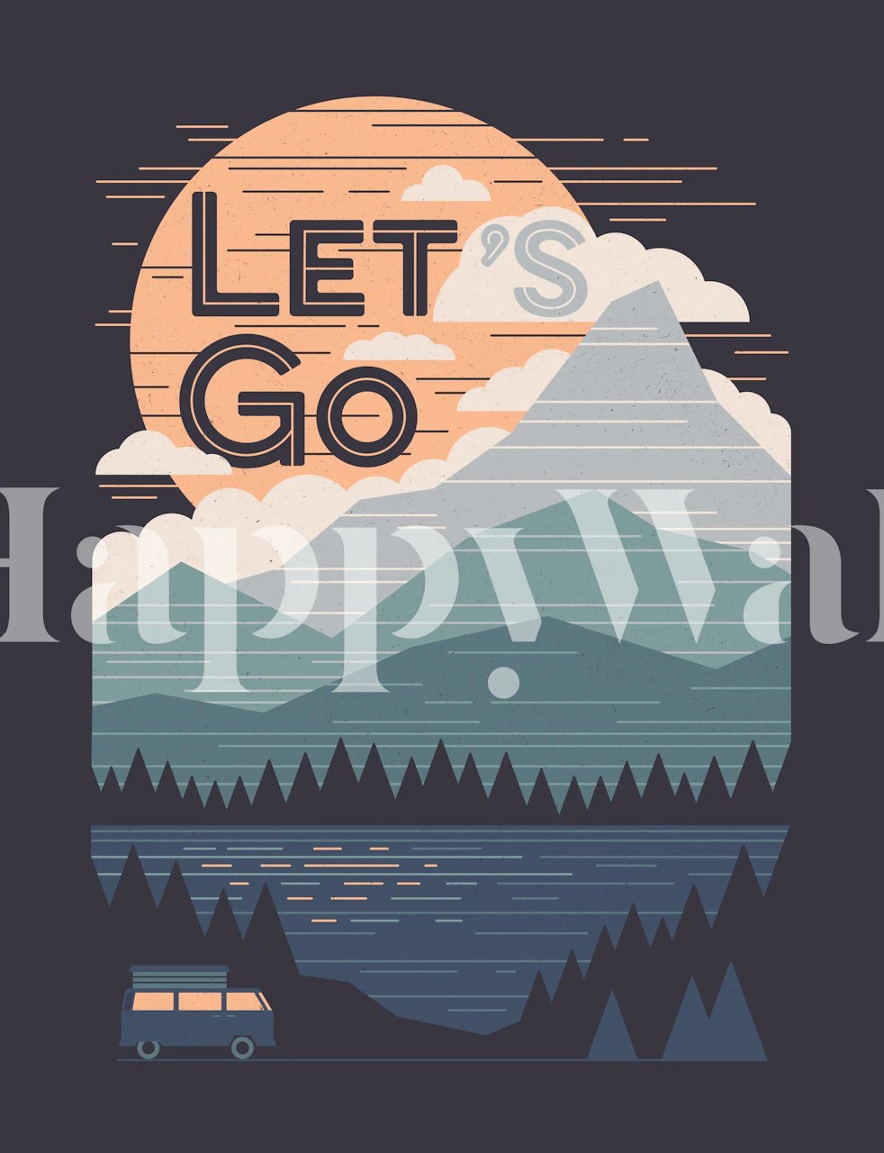Illustrative wall mural with mountains, lake, and Let's Go text capturing the spirit of adventure