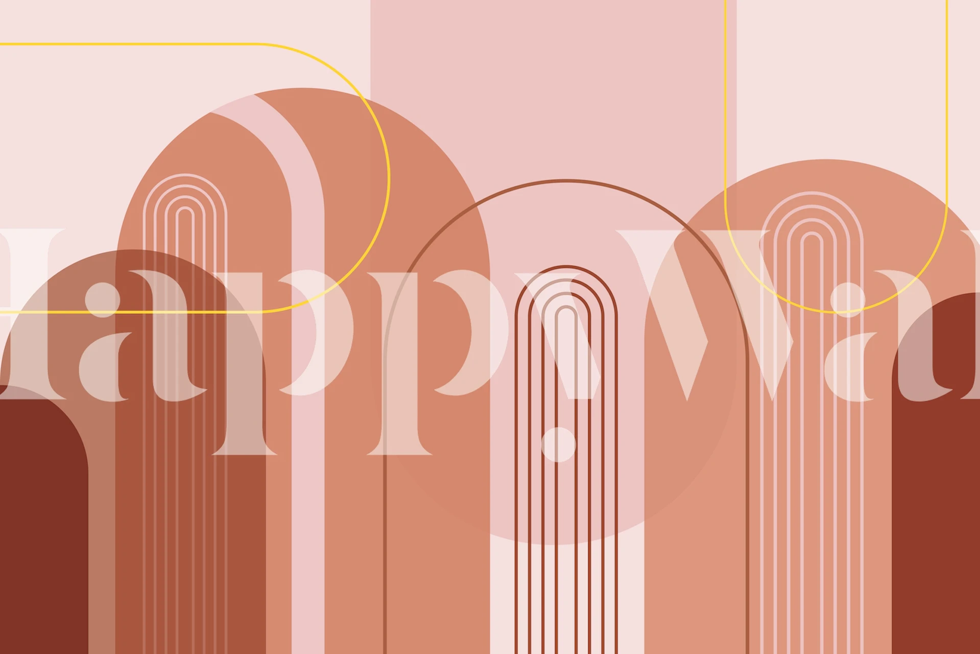 Abstract mid-century modern arches wall mural with pink, beige, maroon, and gold colors