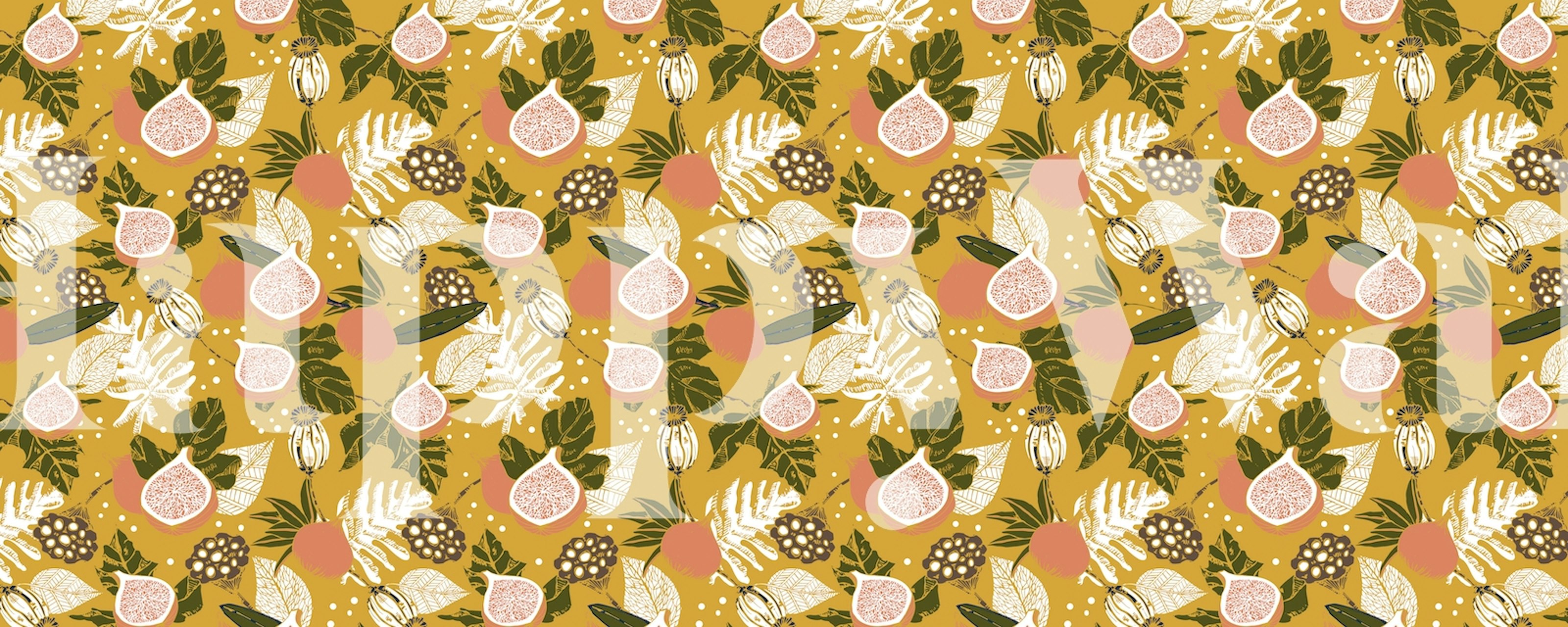 Colorful floral and fruit patterns on a yellow background wallpaper