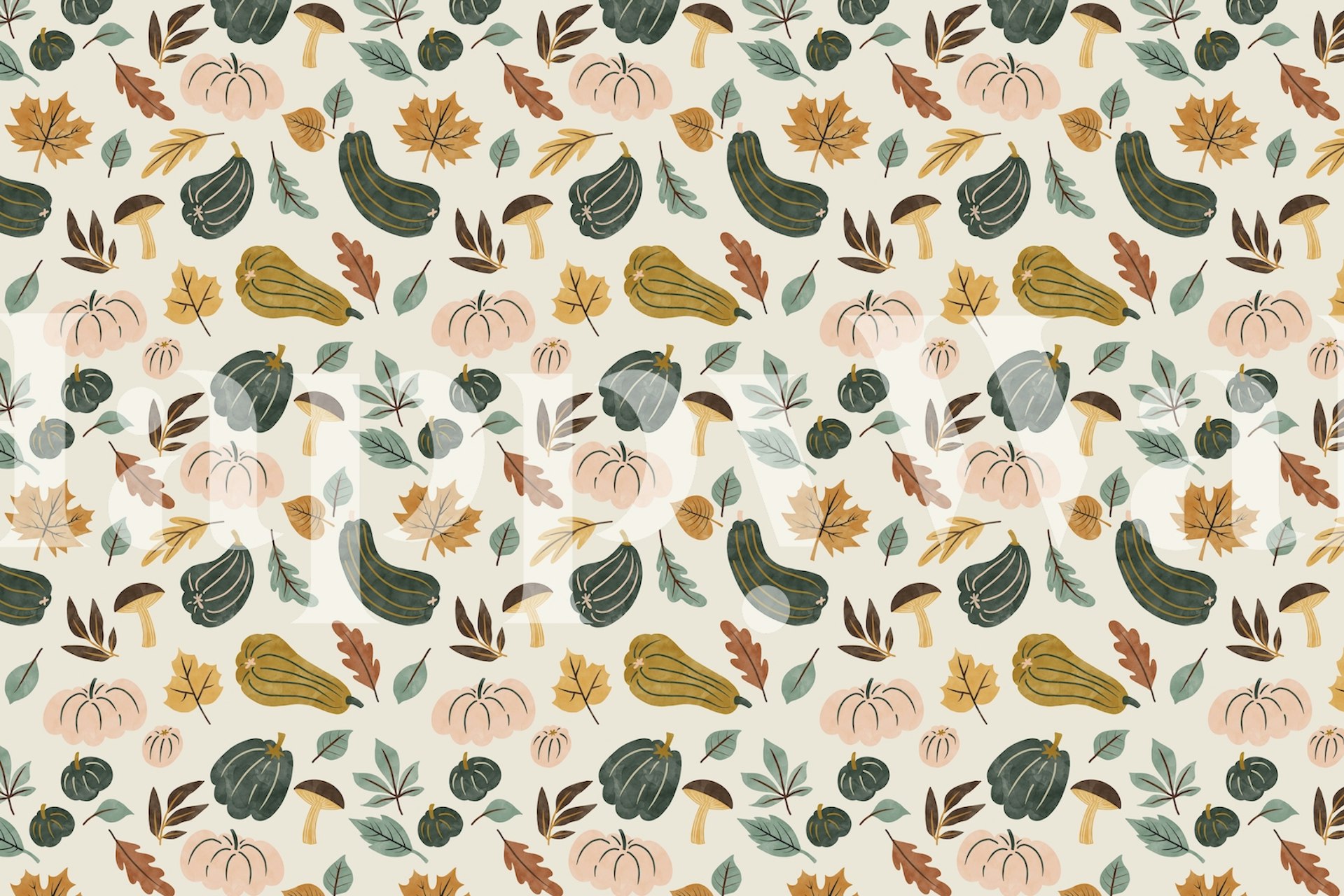 Autumn floral wallpaper with pumpkins, leaves, and mushrooms in warm colors