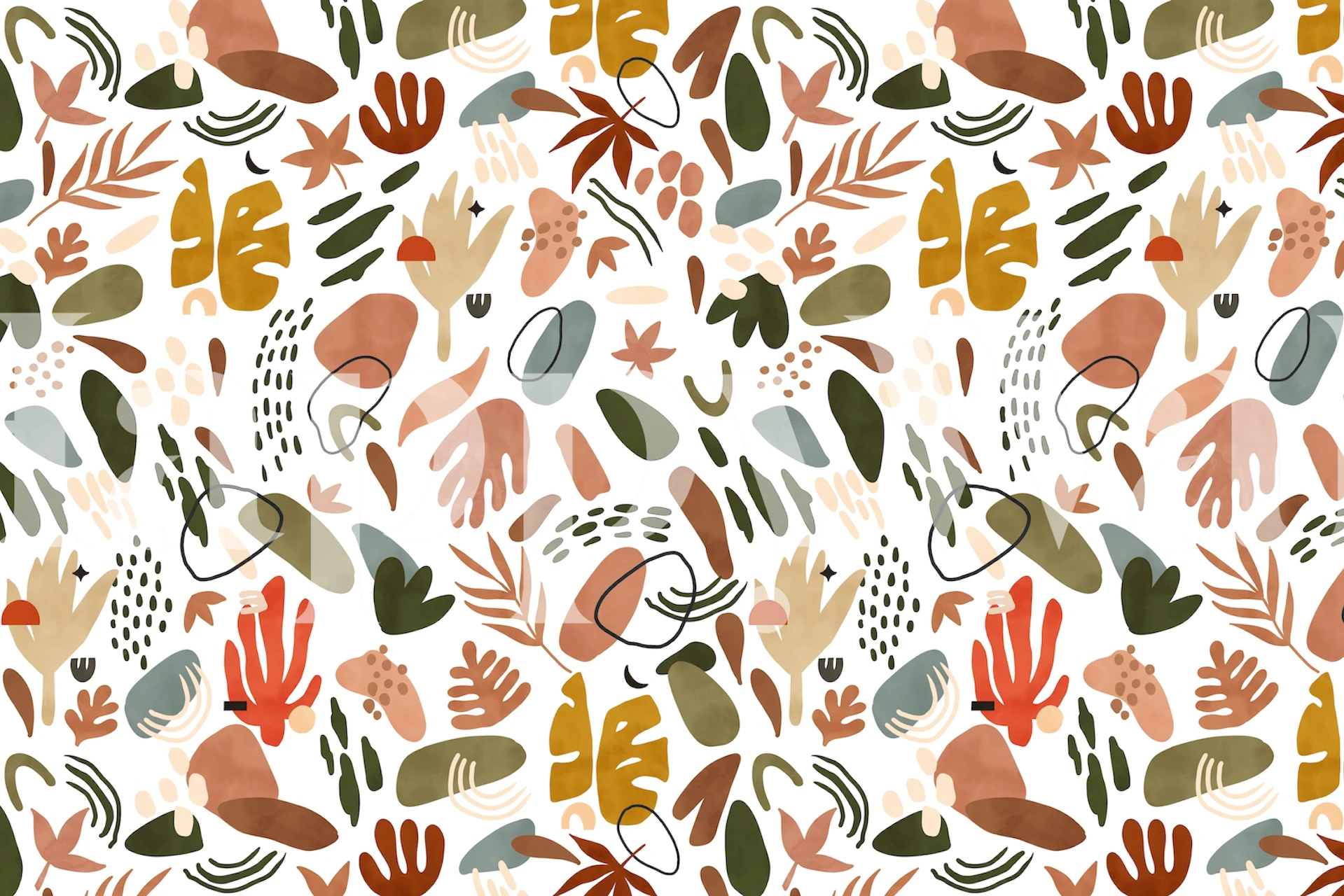 Abstract botanical elements wall mural with earthy tones