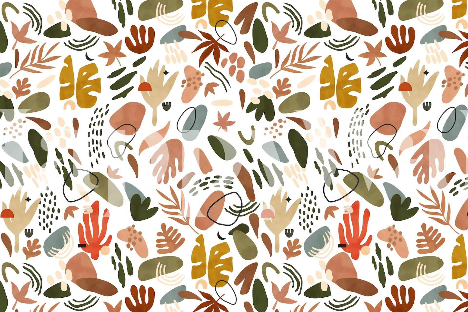 Carta da parati con elementi botanici astratti dai toni della terra