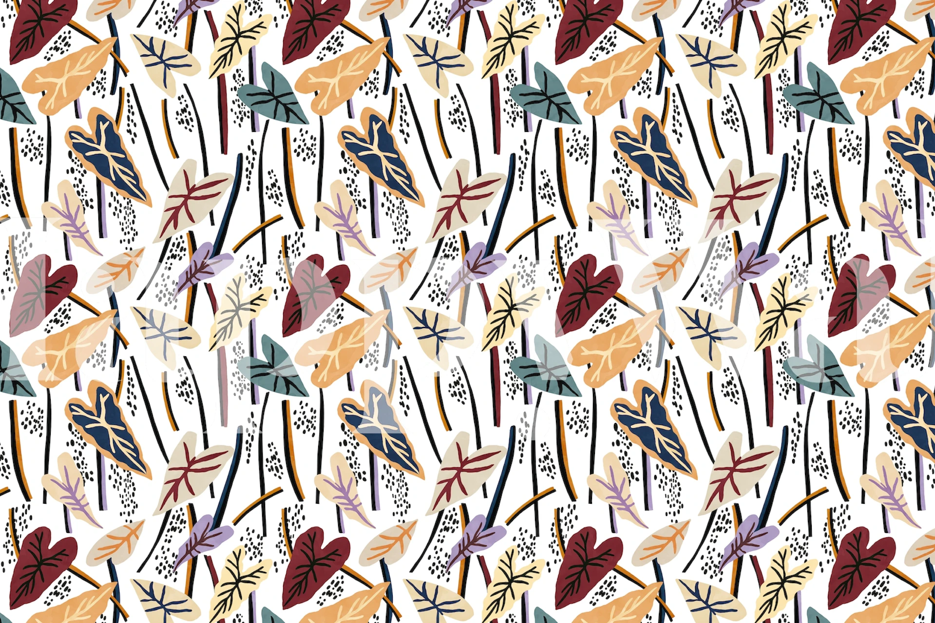 Kleurrijke abstracte bladmuurschildering met een mix van junglemotieven