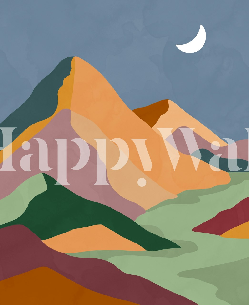Colorful mountains in shades of orange, green, and purple wallpaper