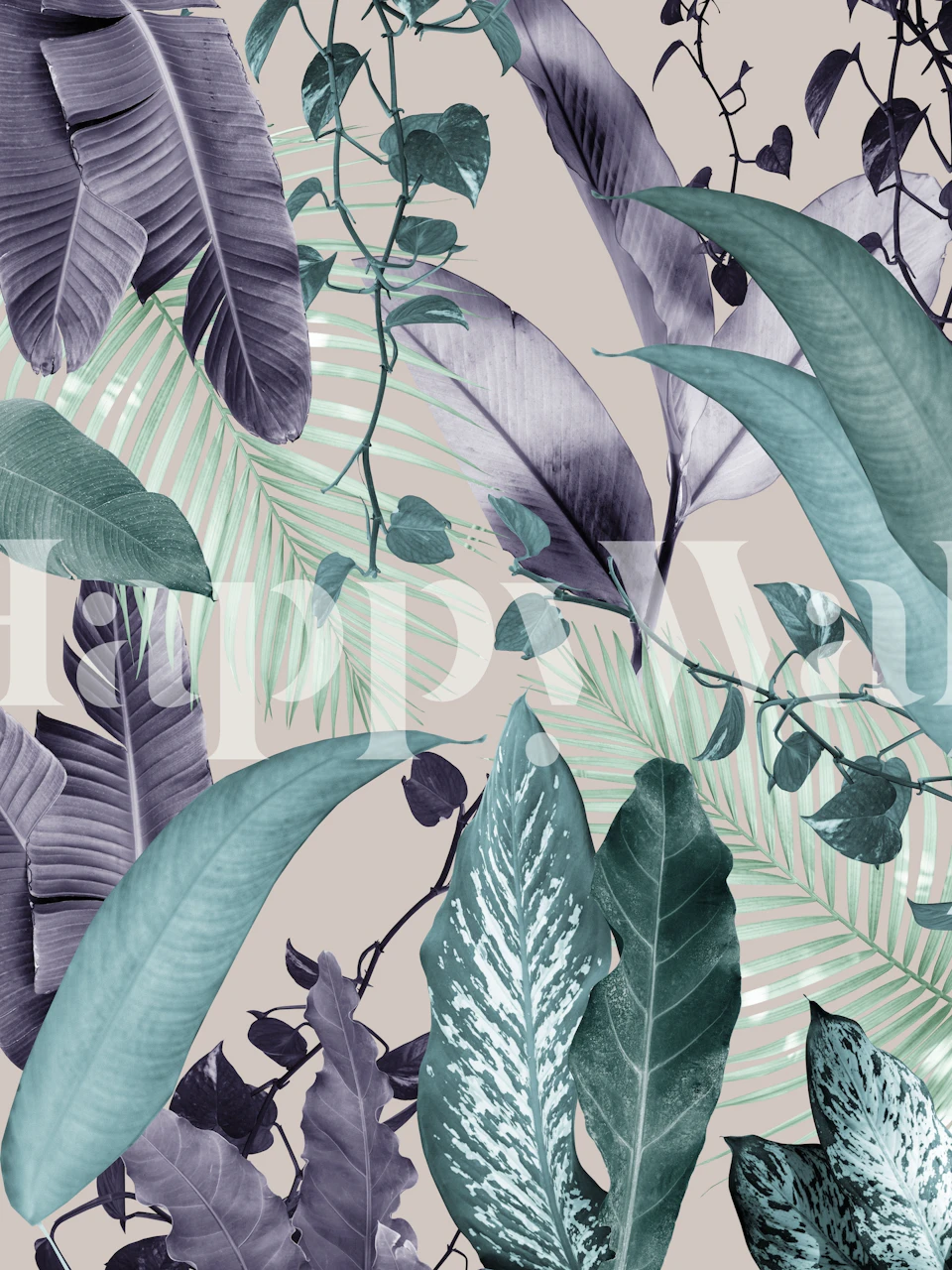 Tropical leaf pattern in green and purple colors wall mural
