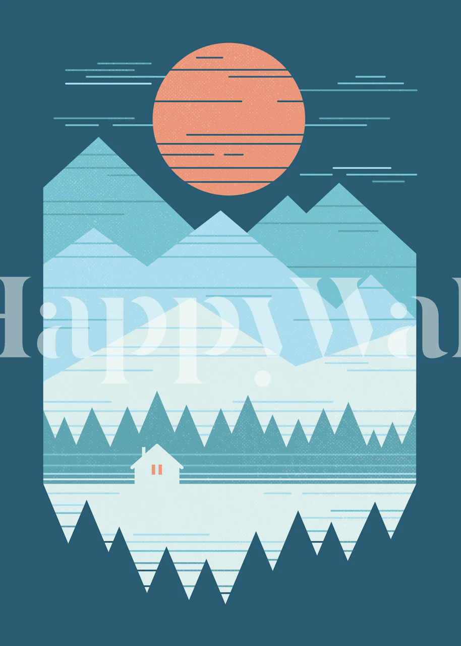 Stylized mountain and cabin scene with orange sun and blue background wallpaper