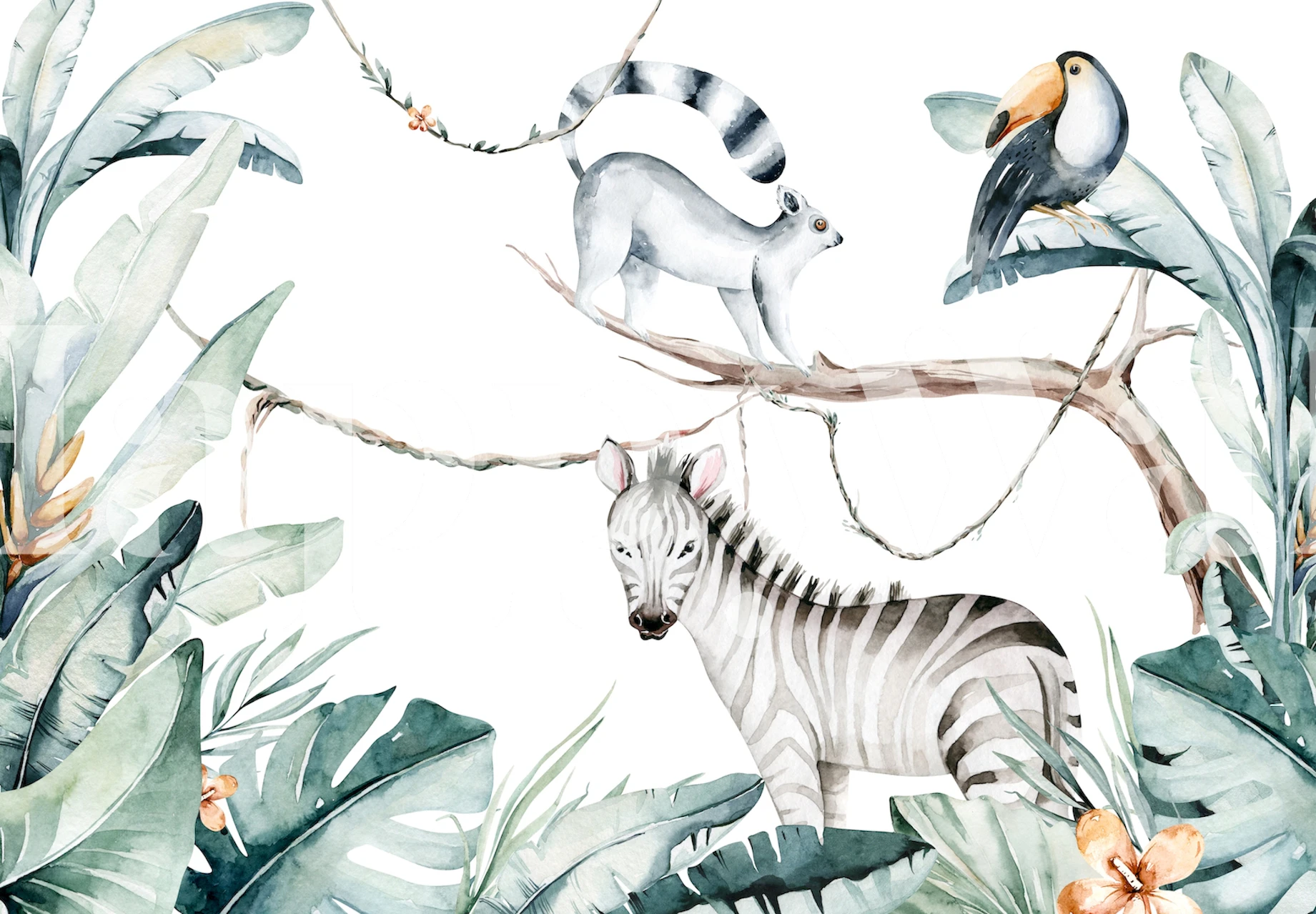 Tropical leaves, zebra, lemur, toucan in greenery wallpaper