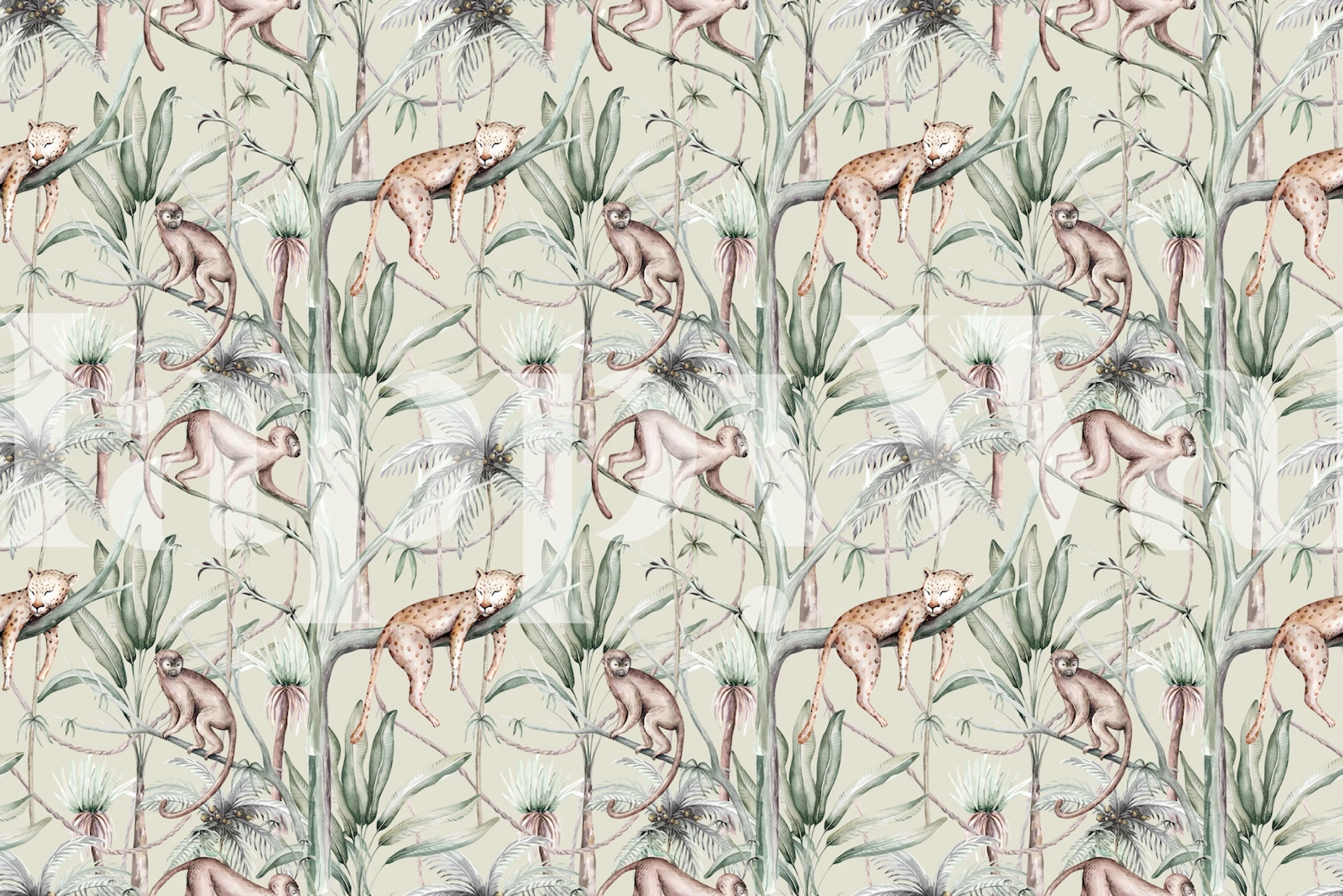 Exotic jungle wallpaper featuring monkeys and leopards