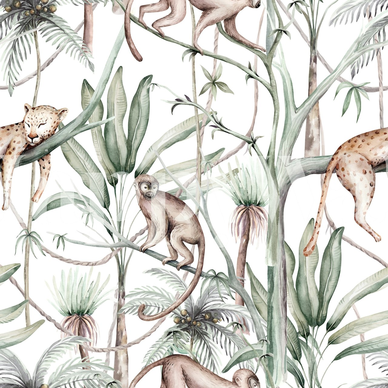 Tropical jungle wallpaper with monkeys and leopards in green and beige colors