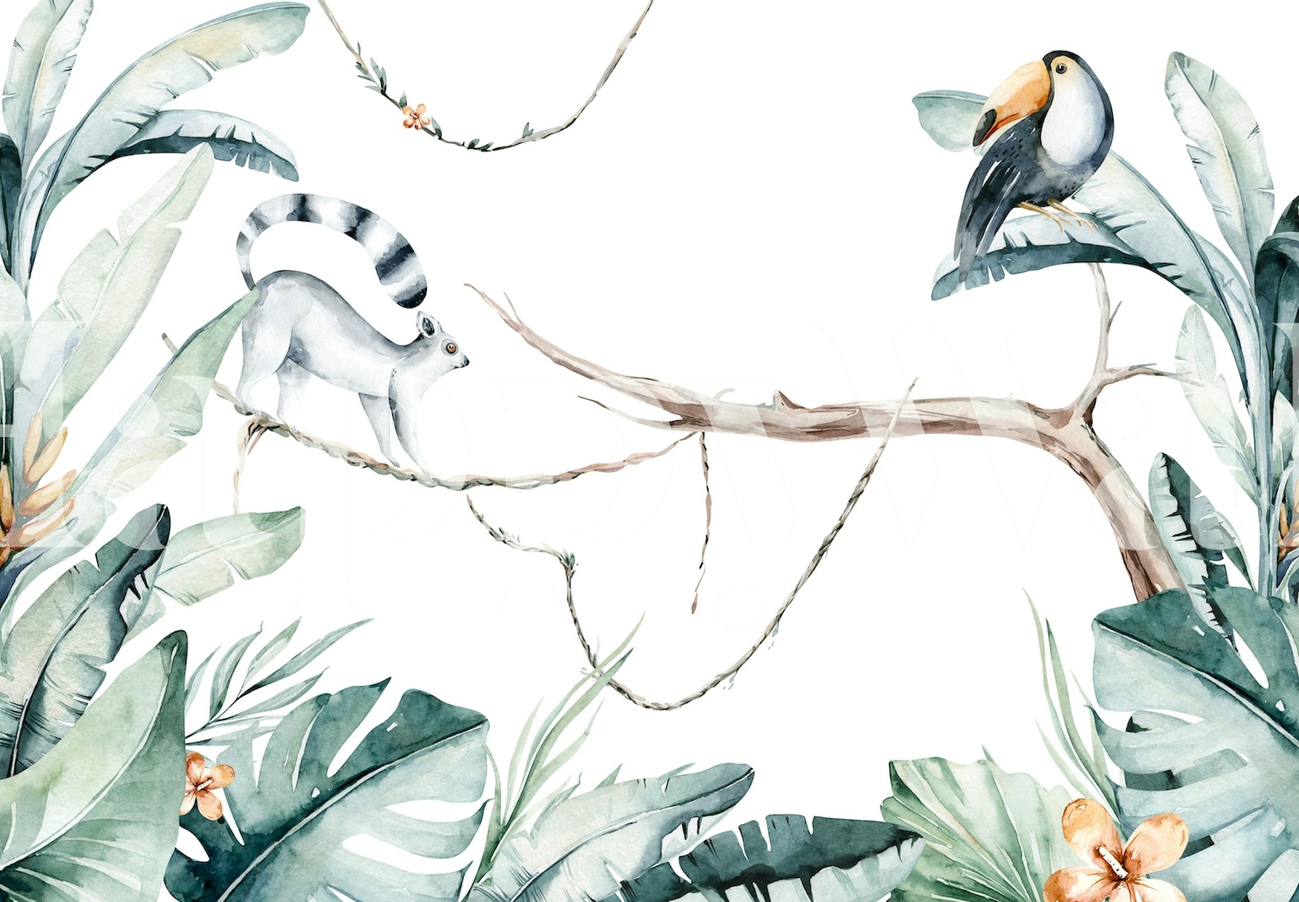 Lemur and toucan surrounded by tropical leaves wallpaper