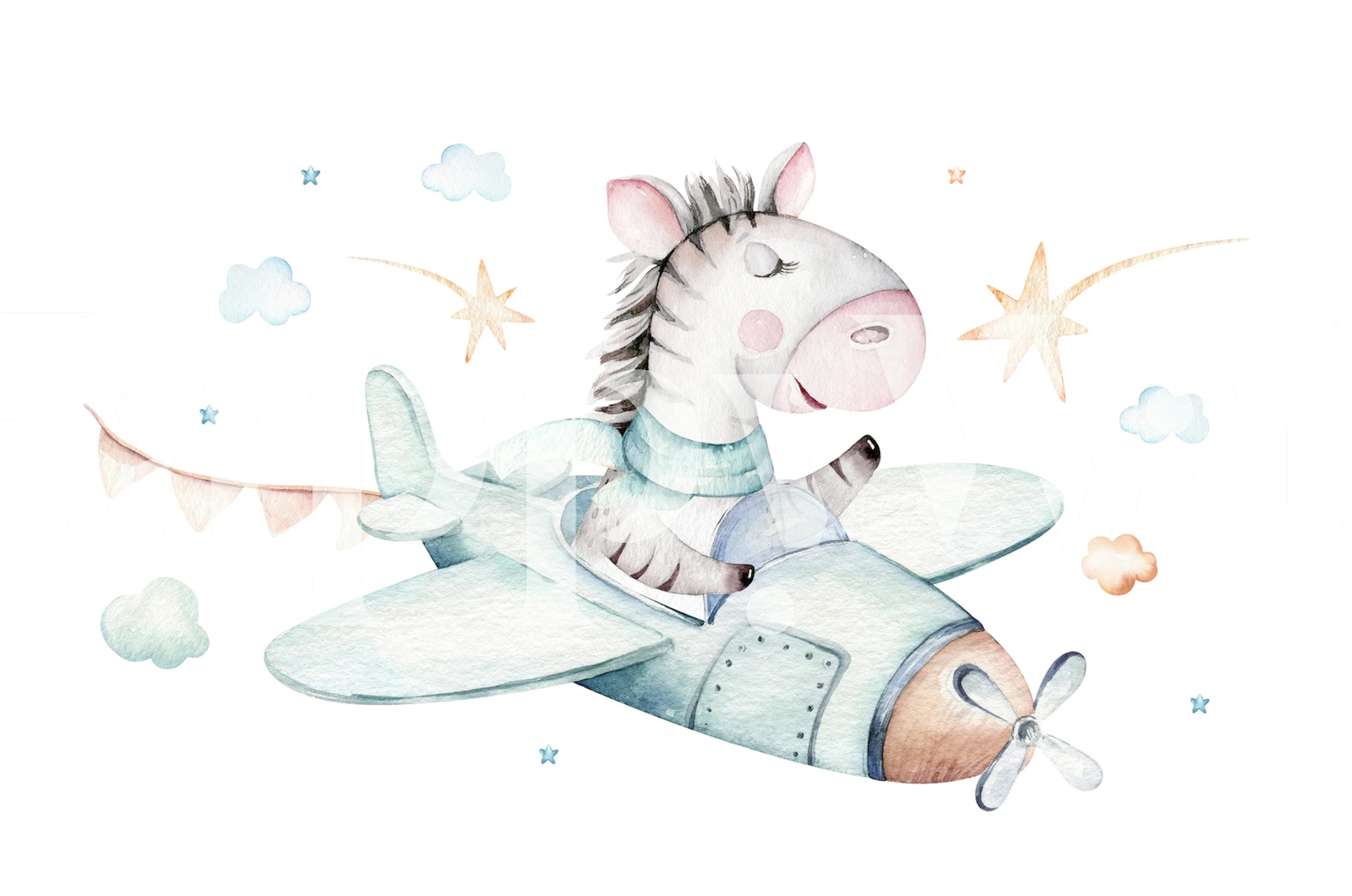 Zebra in airplane with pastel colors and clouds wallpaper