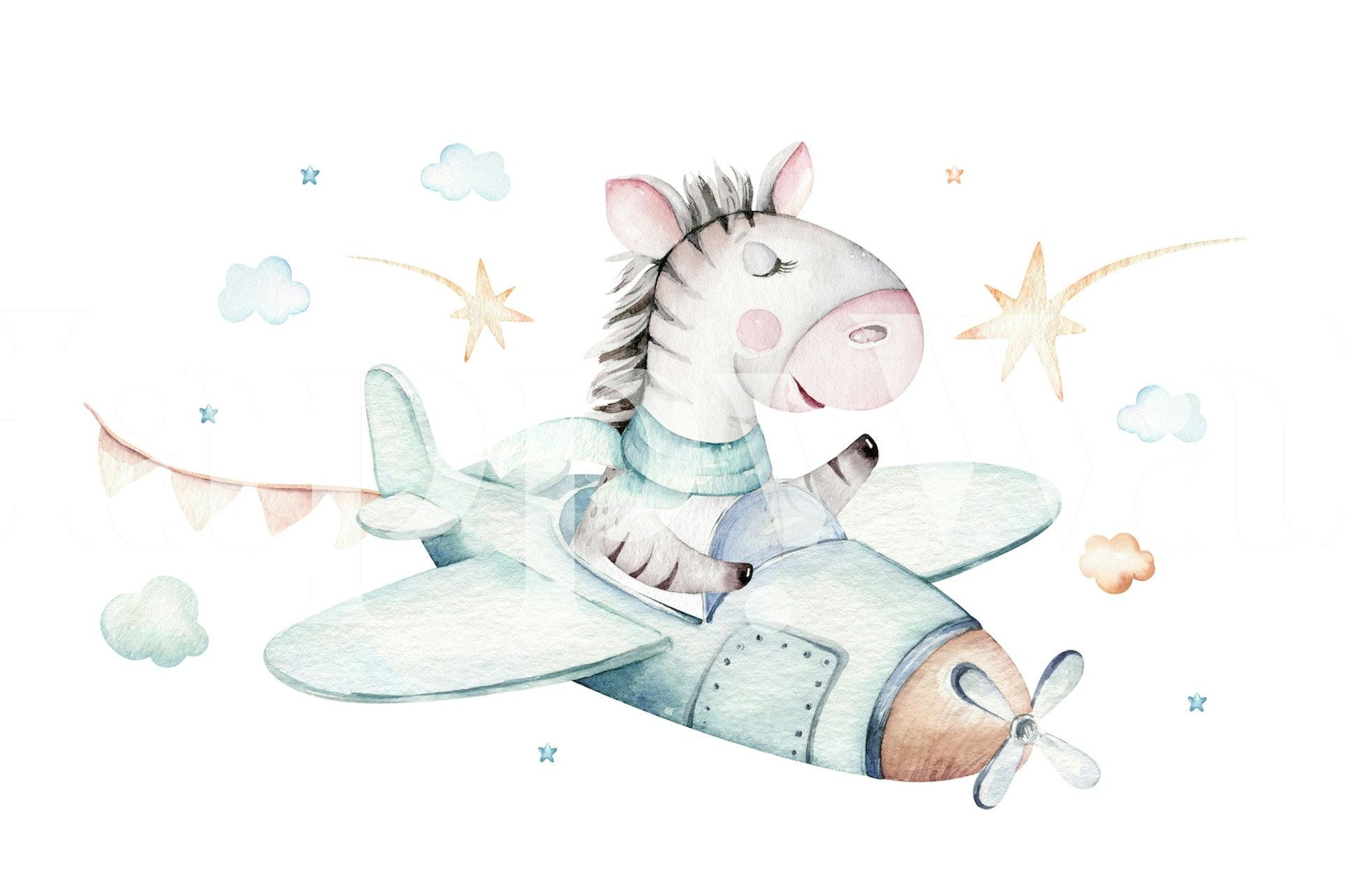Zebra in airplane with pastel colors and clouds wallpaper