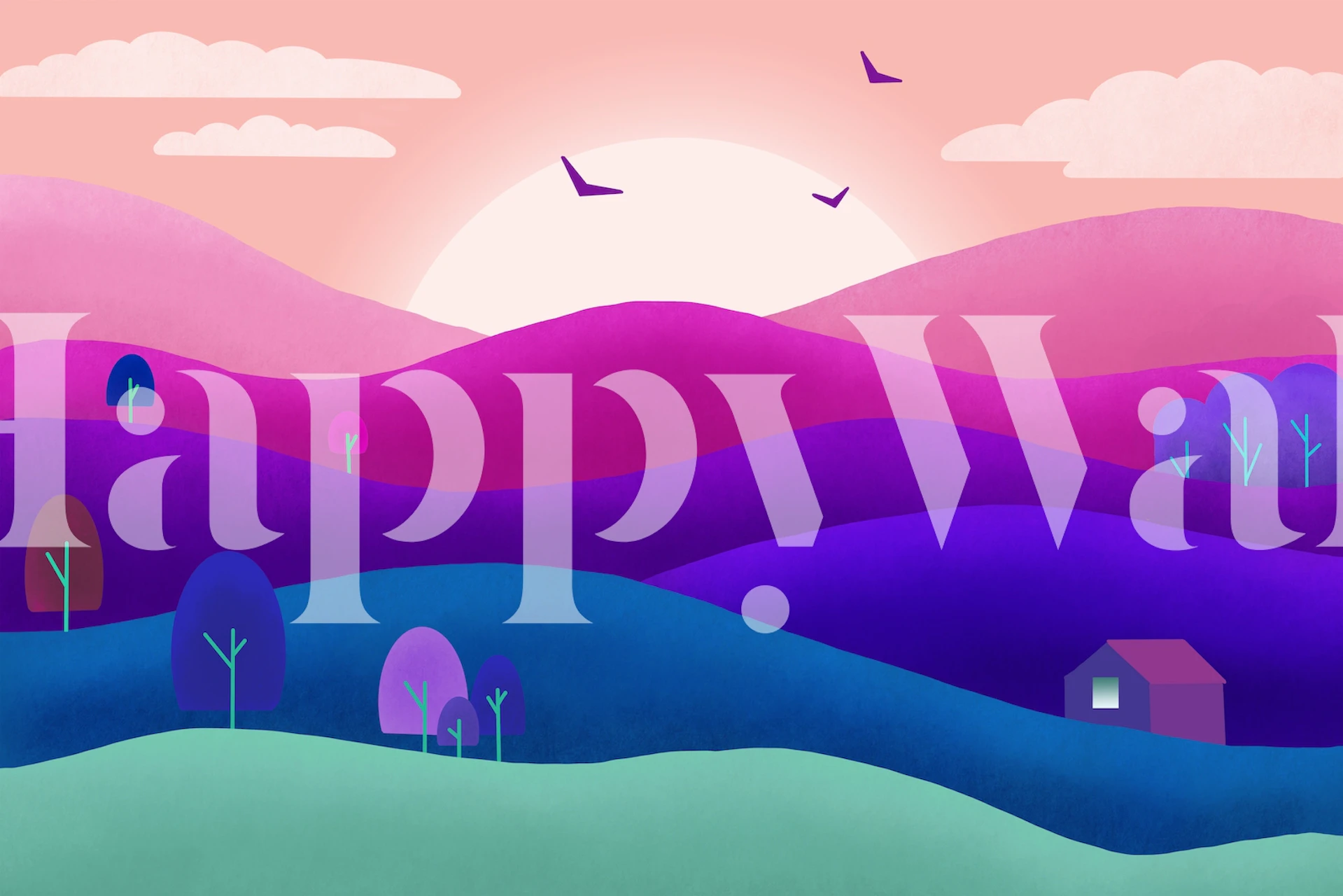 Carta da parati con paesaggio fantastico con dolci colline e alberi stravaganti