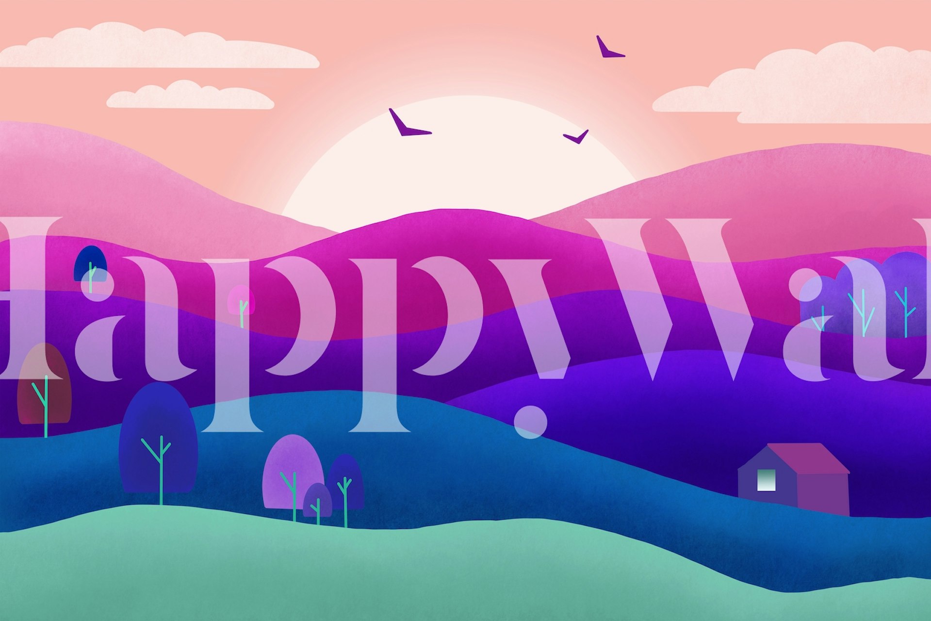 Fantasy landskap tapet med böljande kullar och nyckfulla träd