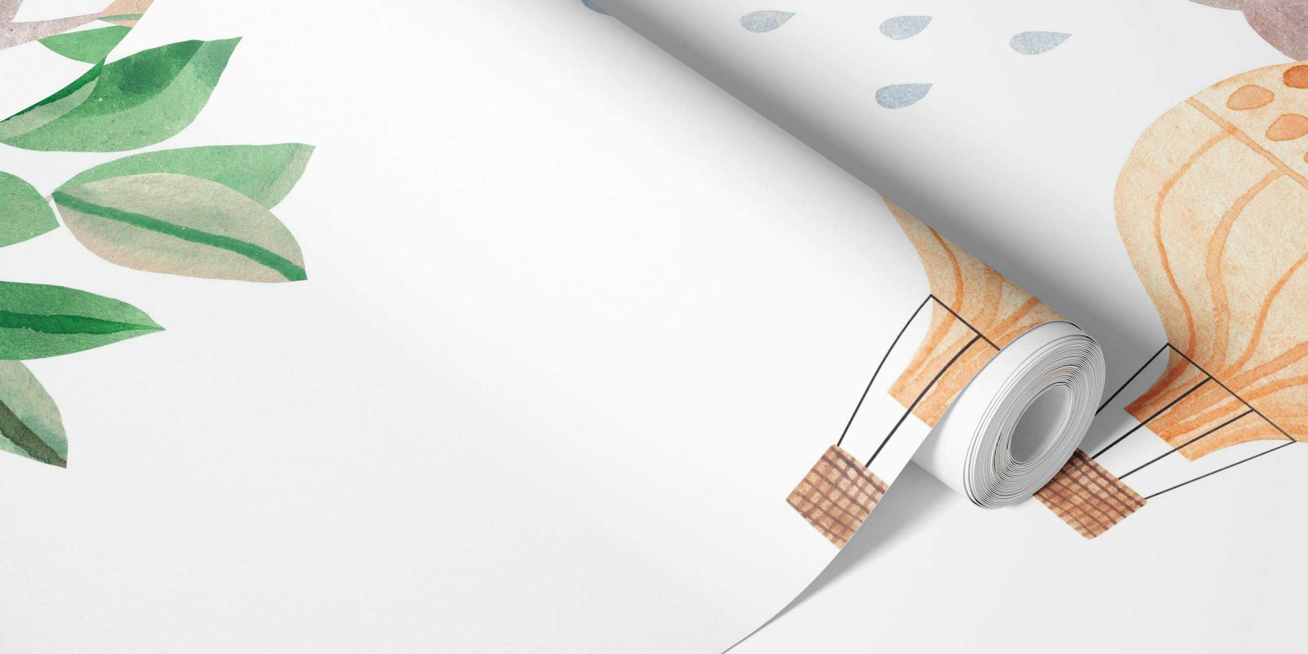 Pastellivärinen akvarellitapetti, jossa on omituisia susia, kuumailmapalloja ja lintuja rauhallisessa maisemassa