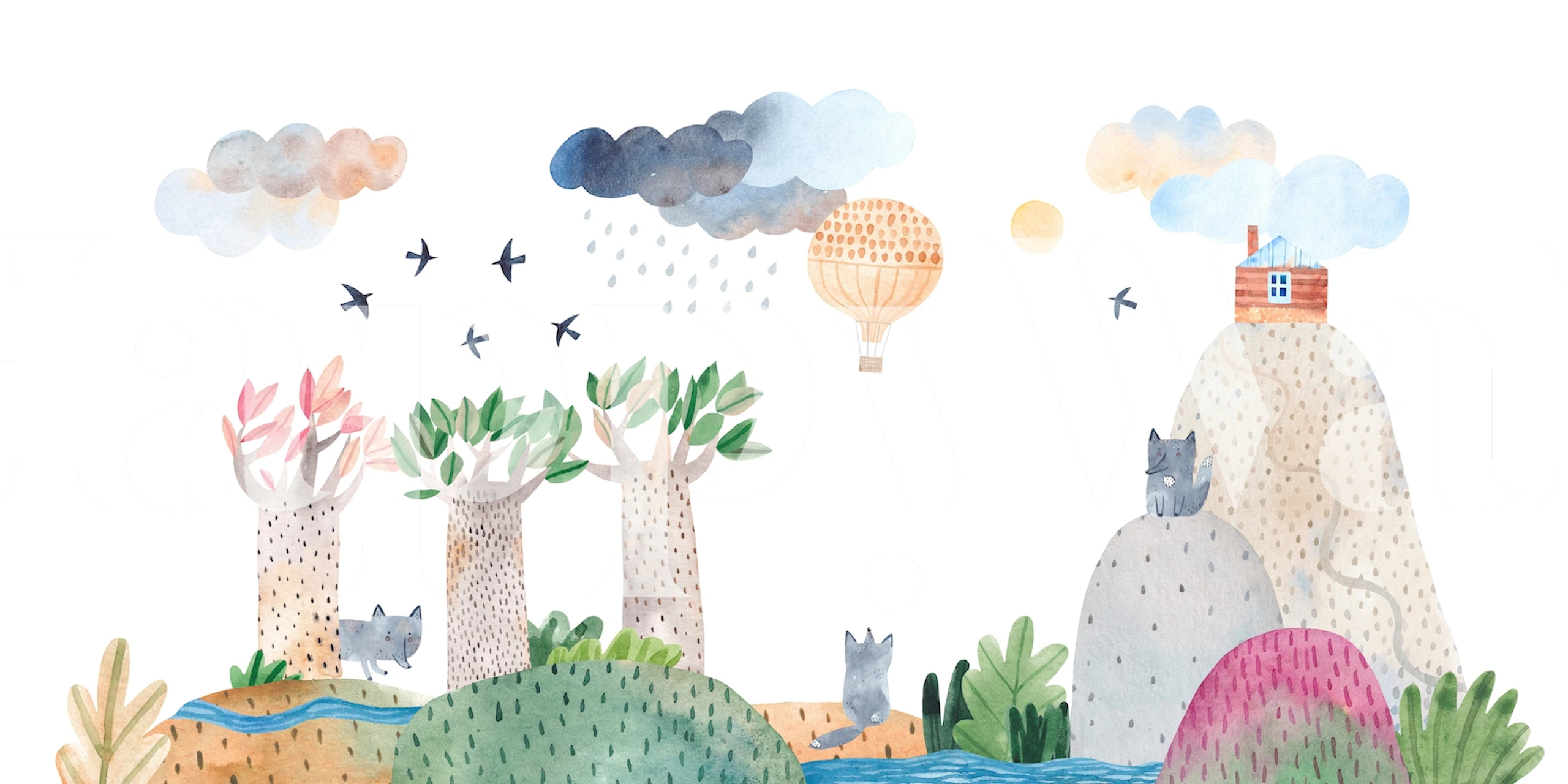 Illustration of animals and nature in colorful landscape wallpaper