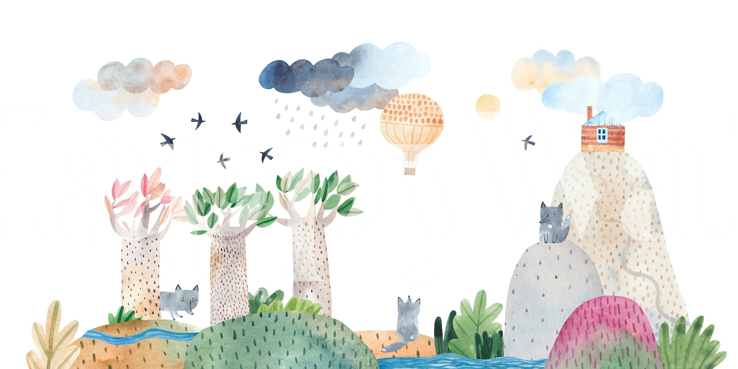 Pastellivärinen akvarellitapetti, jossa on omituisia susia, kuumailmapalloja ja lintuja rauhallisessa maisemassa