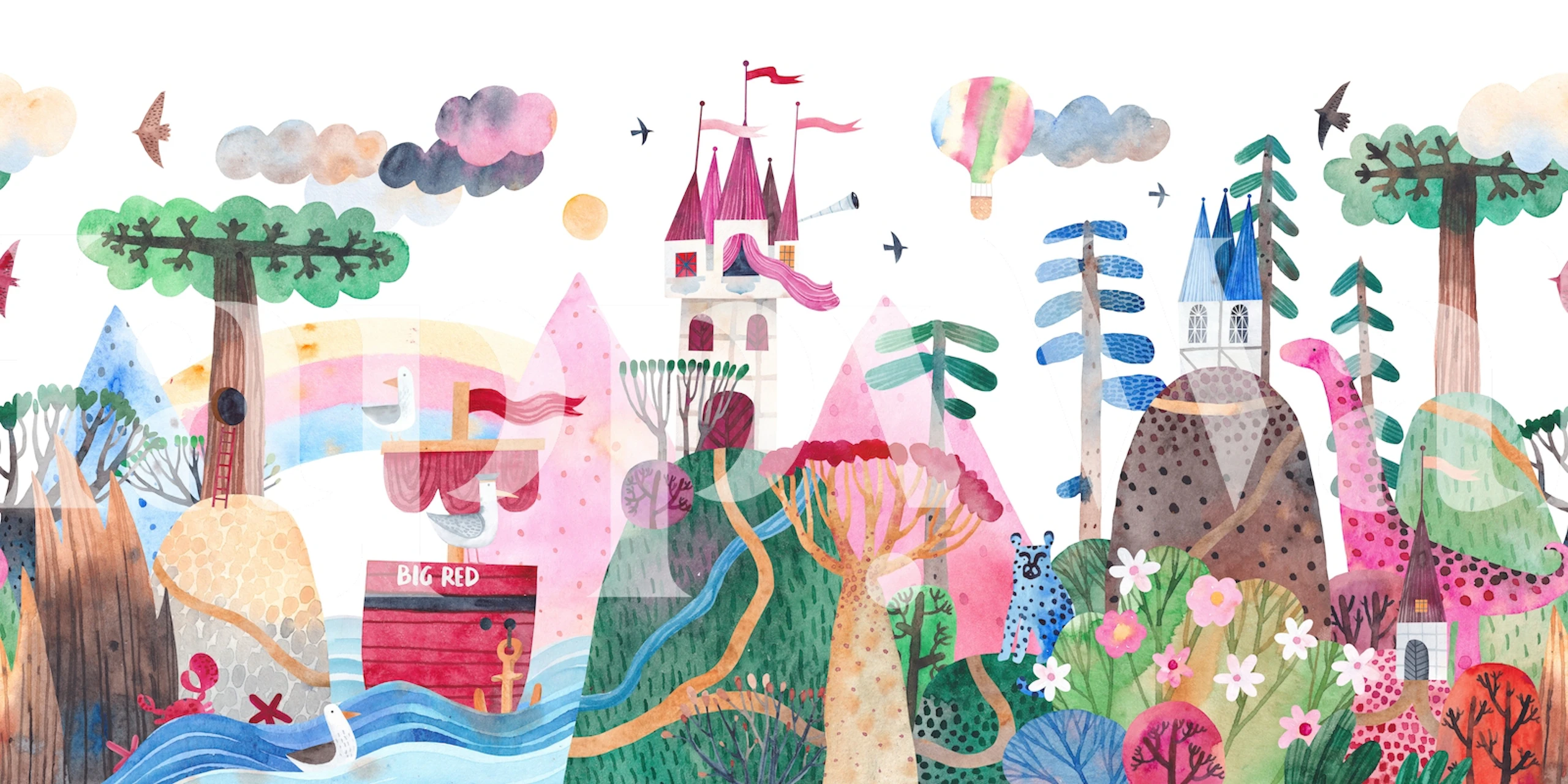 Colorful castle and forest scene with dinosaurs and rainbow wallpaper