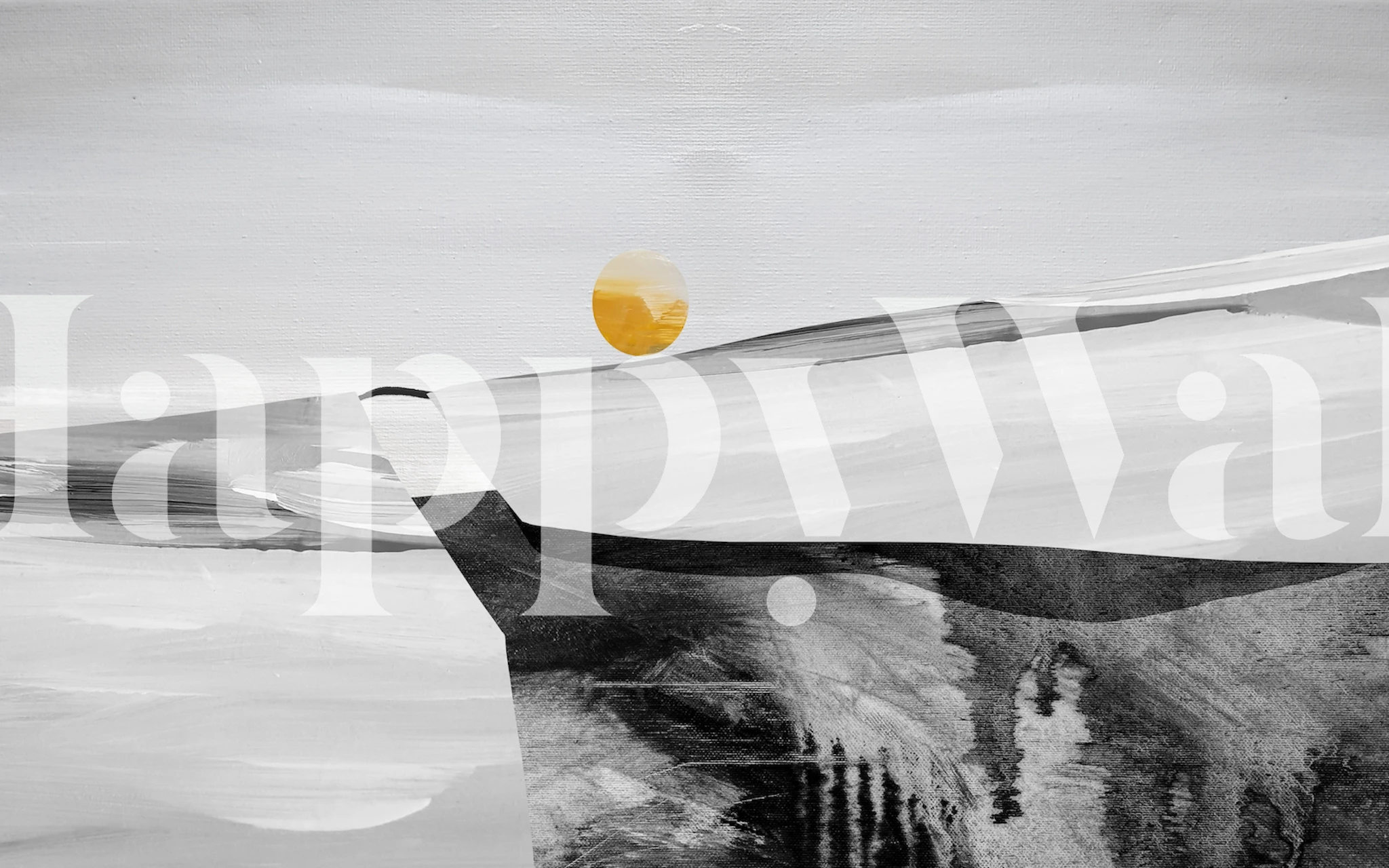 Abstract black and white landscape with yellow sun wallpaper