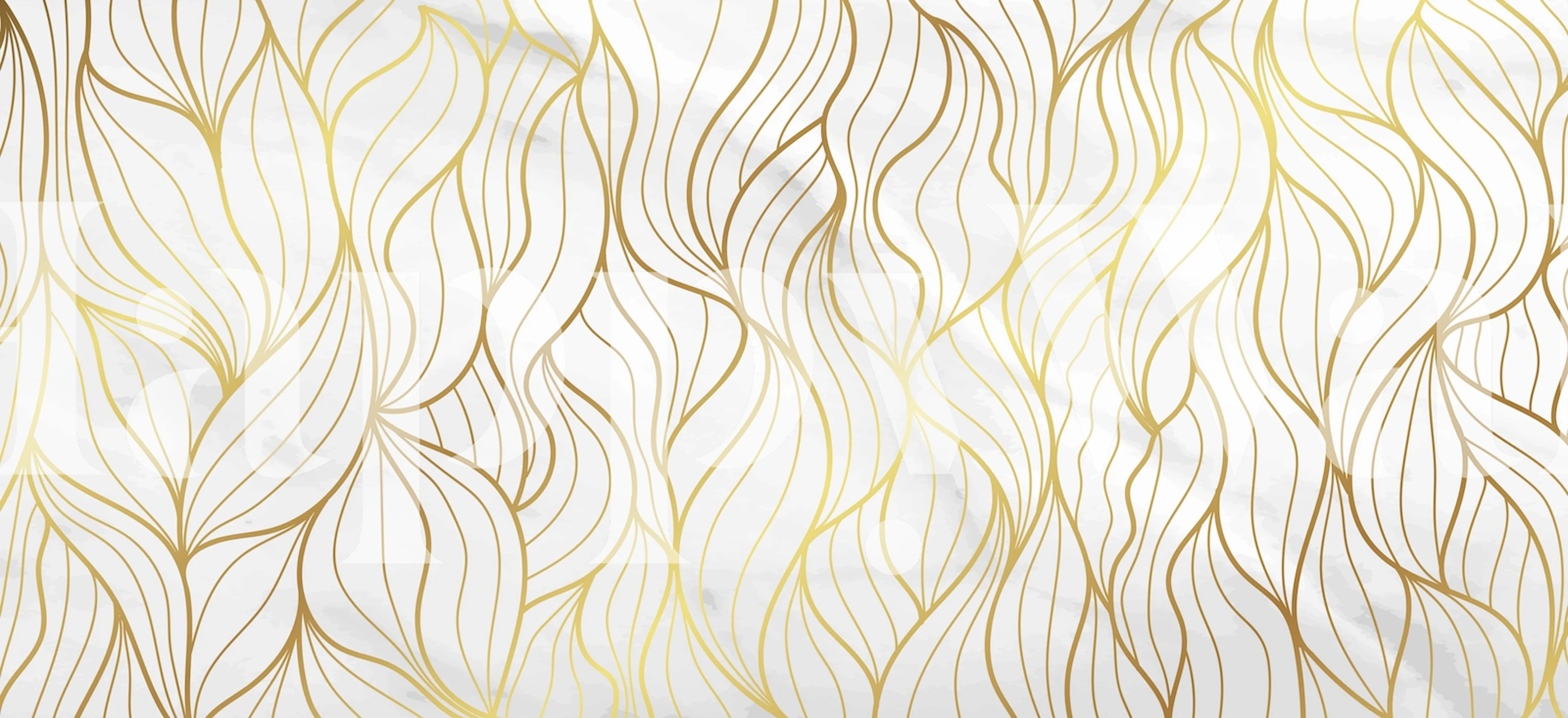 Gold floral patterns on white marble background wallpaper