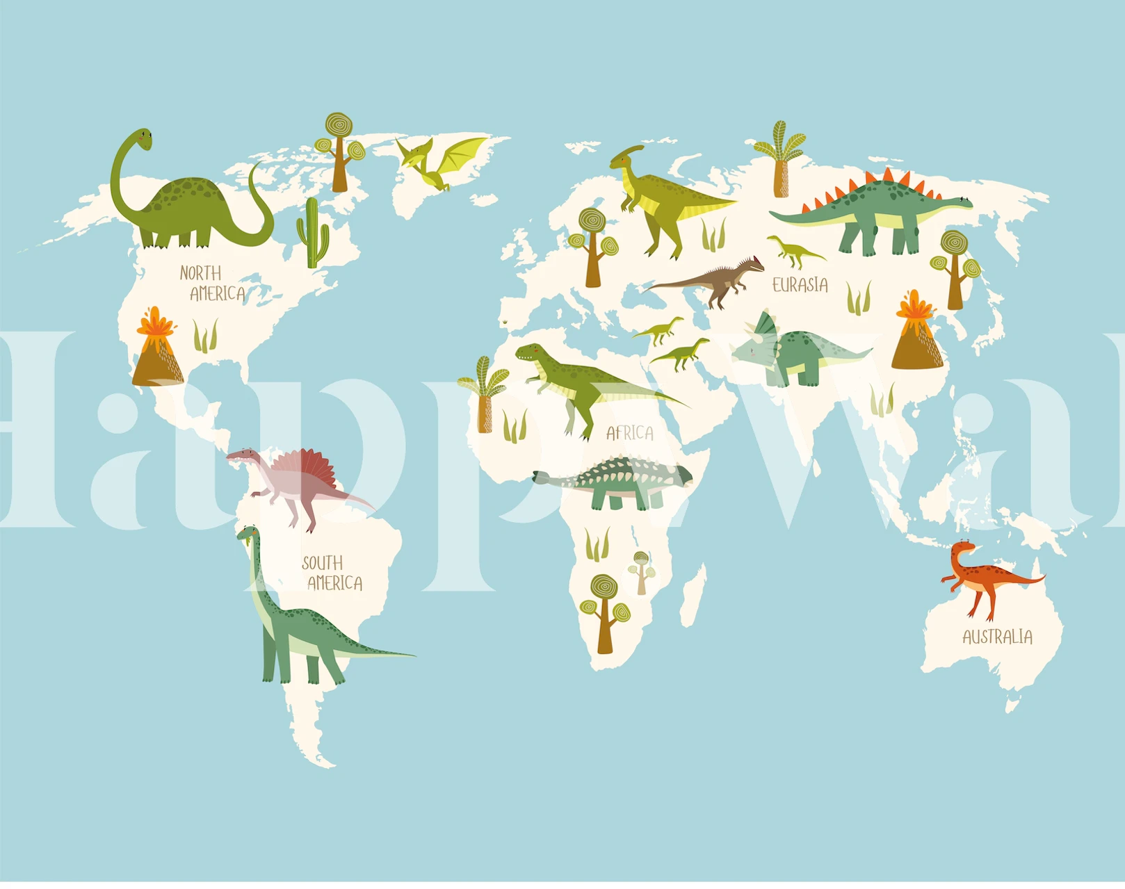 Dinosaur map with green and colorful dinosaurs on a light blue background wallpaper