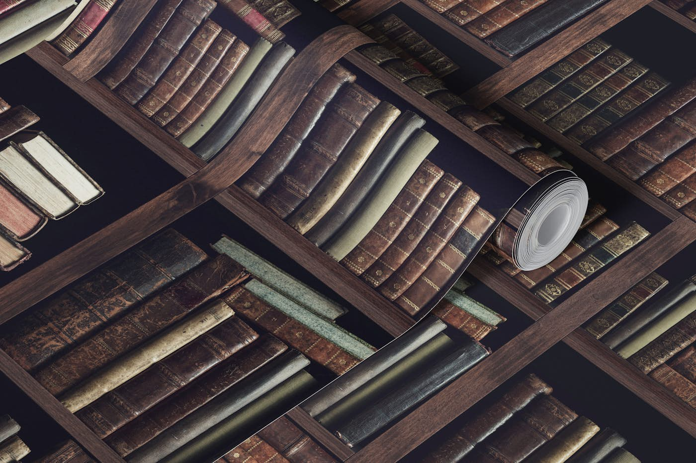 Old bookshelf wallpaper roll