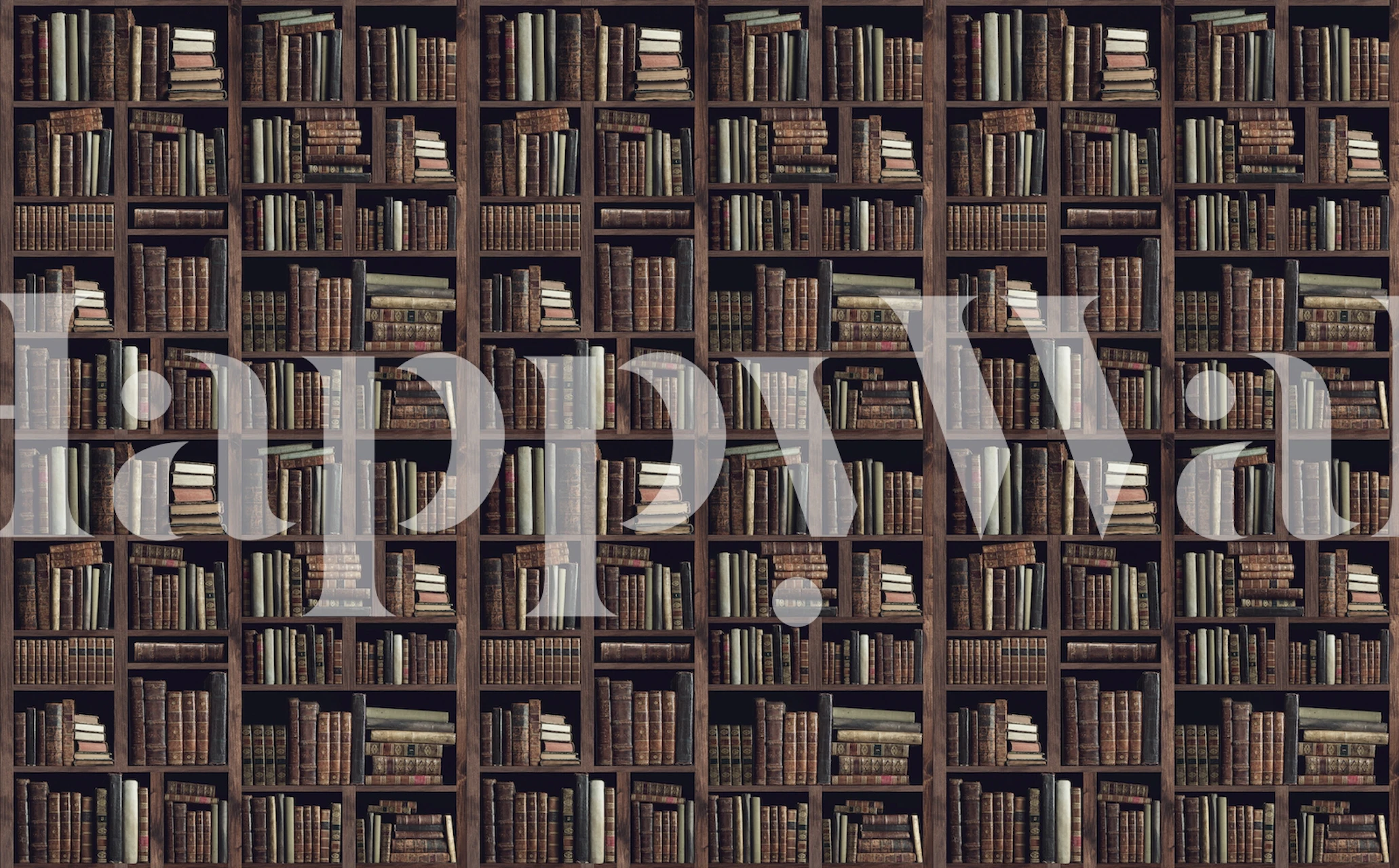 Vintage bookshelf wallpaper featuring dark wooden shelves filled with books