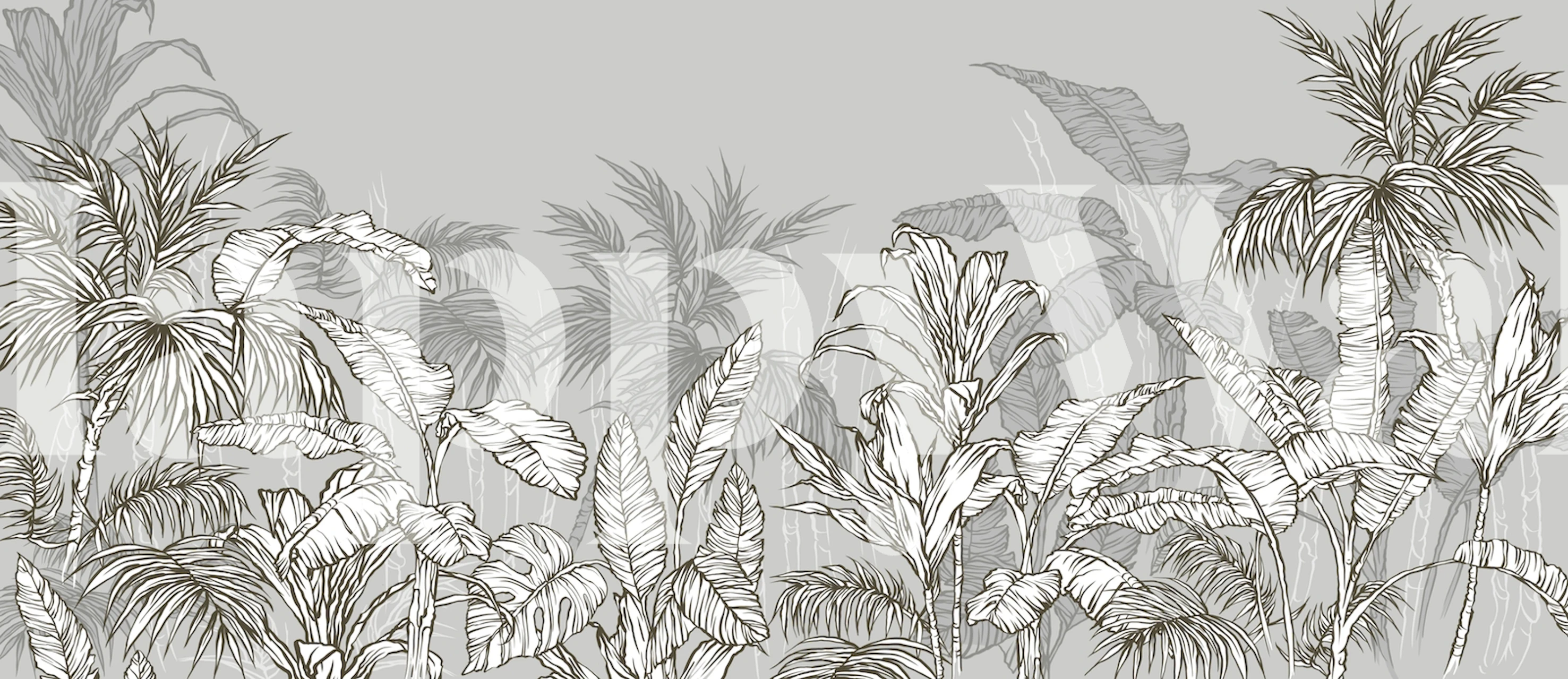 Tropical plants in grey hues, hand-drawn wallpaper
