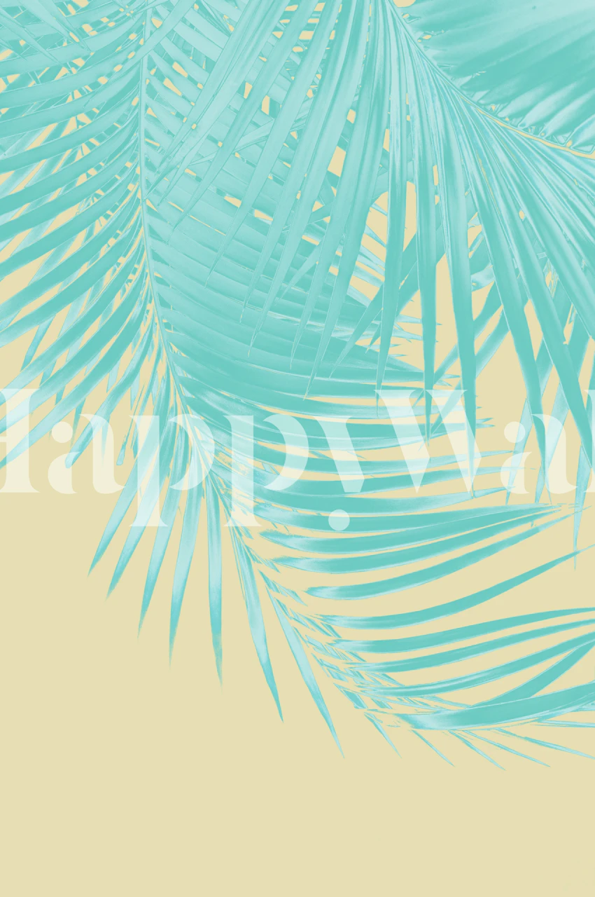 Aqua green palm leaves on a soft yellow background wallpaper
