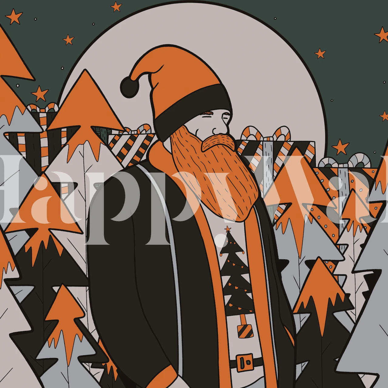 Illustrated winter forest with orange mountains and black trees wallpaper