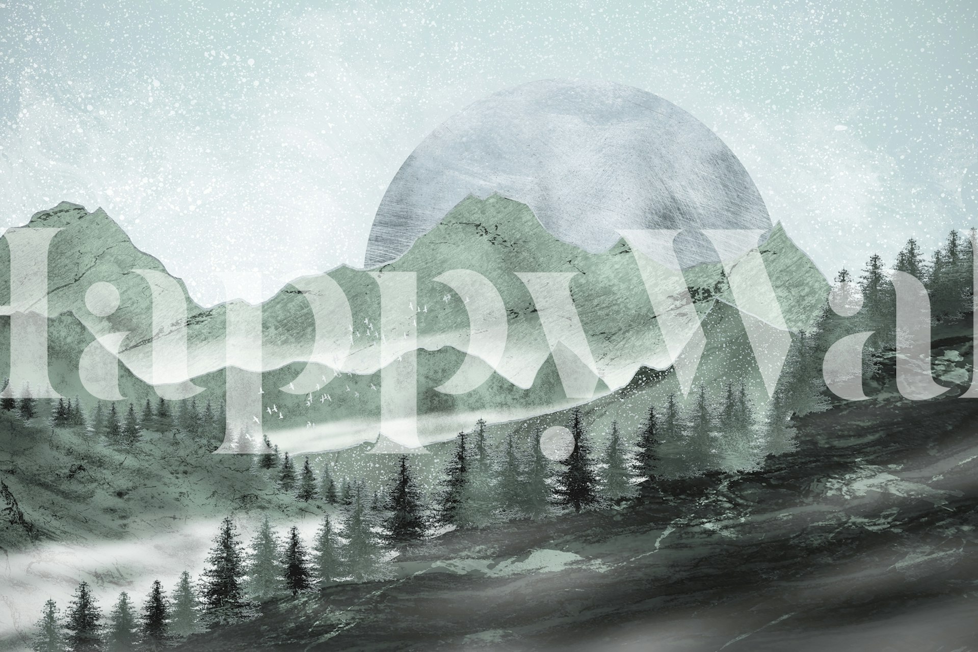 Mountain landscape with cool green tones and large moon wallpaper