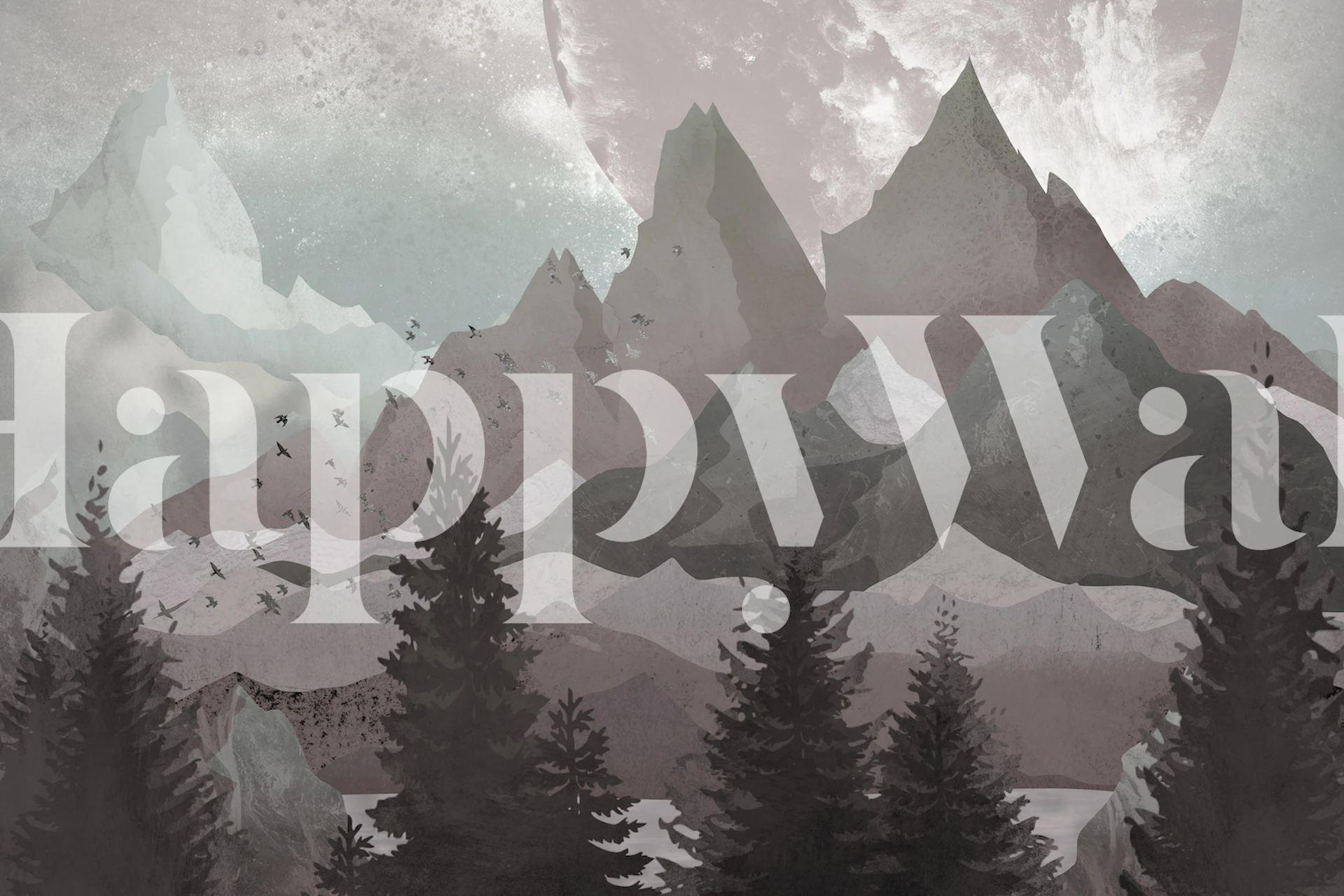 Mountain landscape with dark trees and gray peaks wallpaper